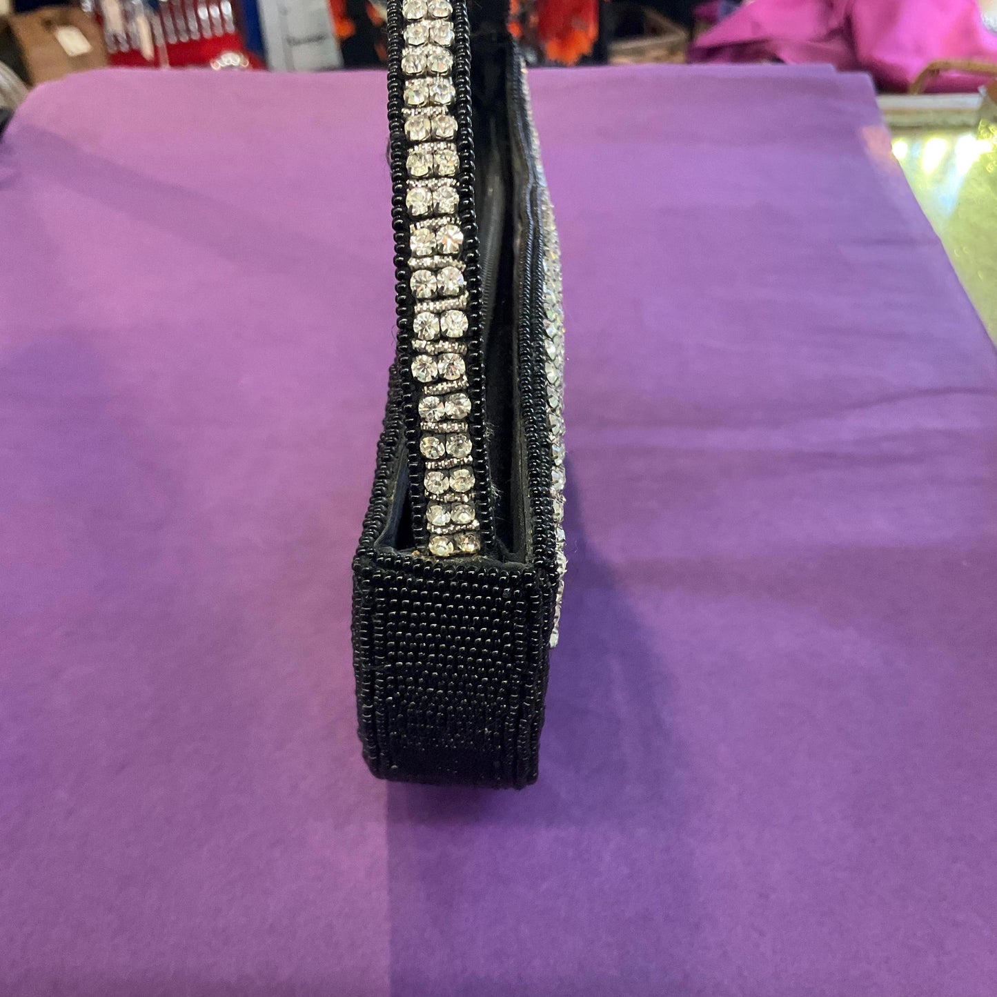 Vintage Black Beaded Wave Shaped Evening Bag with silver rhinestone crystal trim, Formal Event , Gifts for her