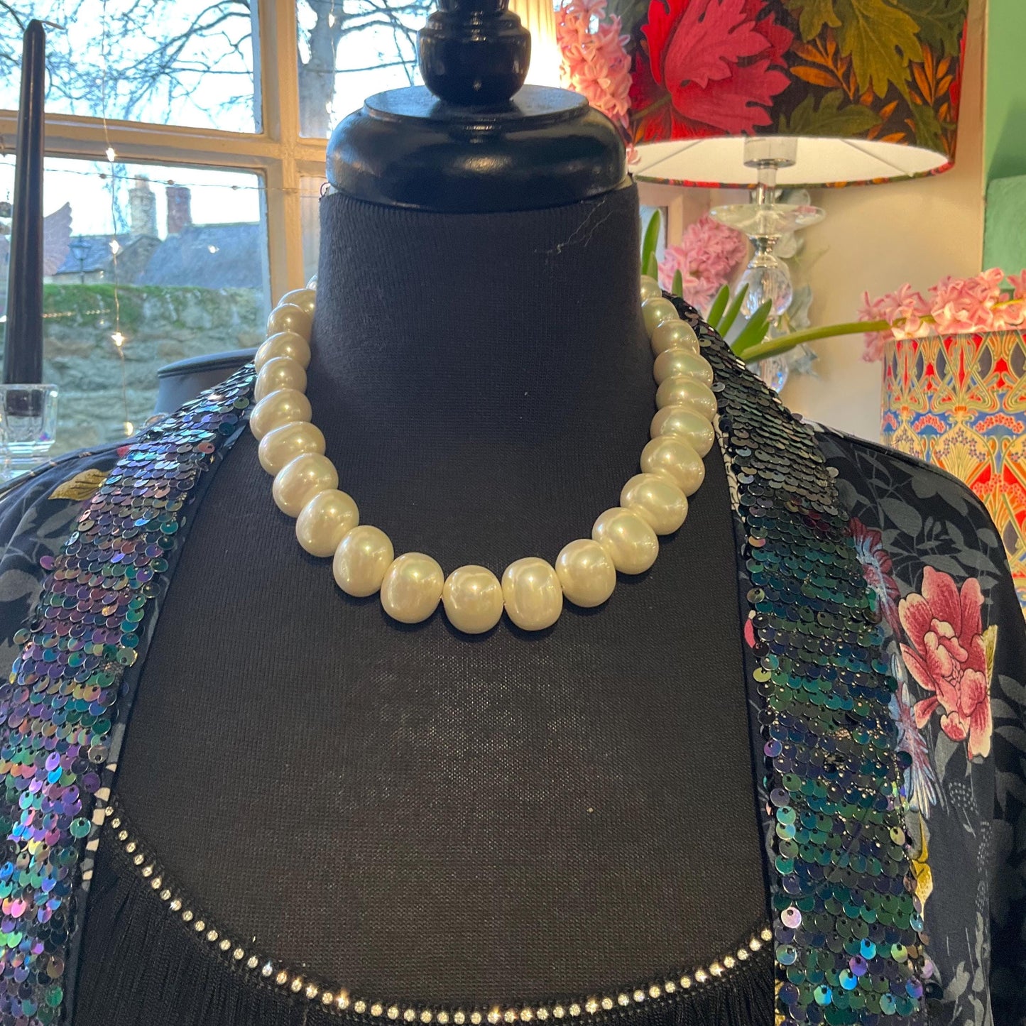 Vintsge Butler and Wilson Statement Ivory Shell Pearl and Crystal Necklace, Signed in Original Box, Wedding, Sustainable Gift