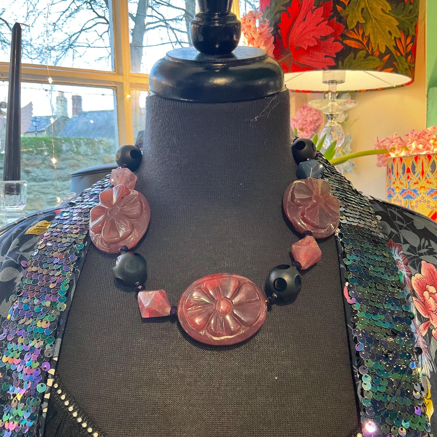 Vintage Butler and Wilson Statement Polished Gemstone Beaded Necklace, Lare oval carved floral gemstone beads, Signed in original box