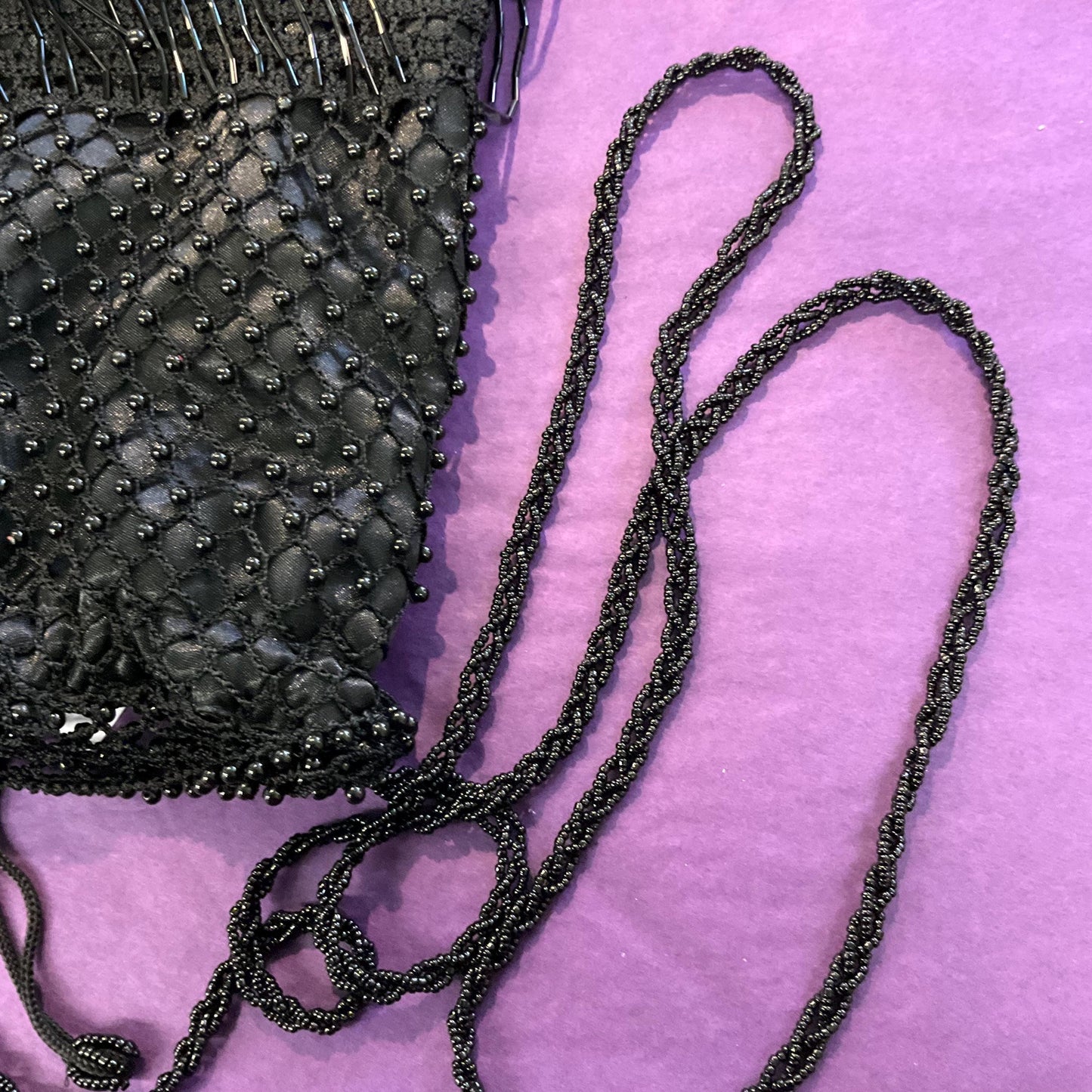 Vintage Black Satin crochet, beaded and Fringed Evening Bag , Beaded shoulder strap & Drawstring, sustainable fashion