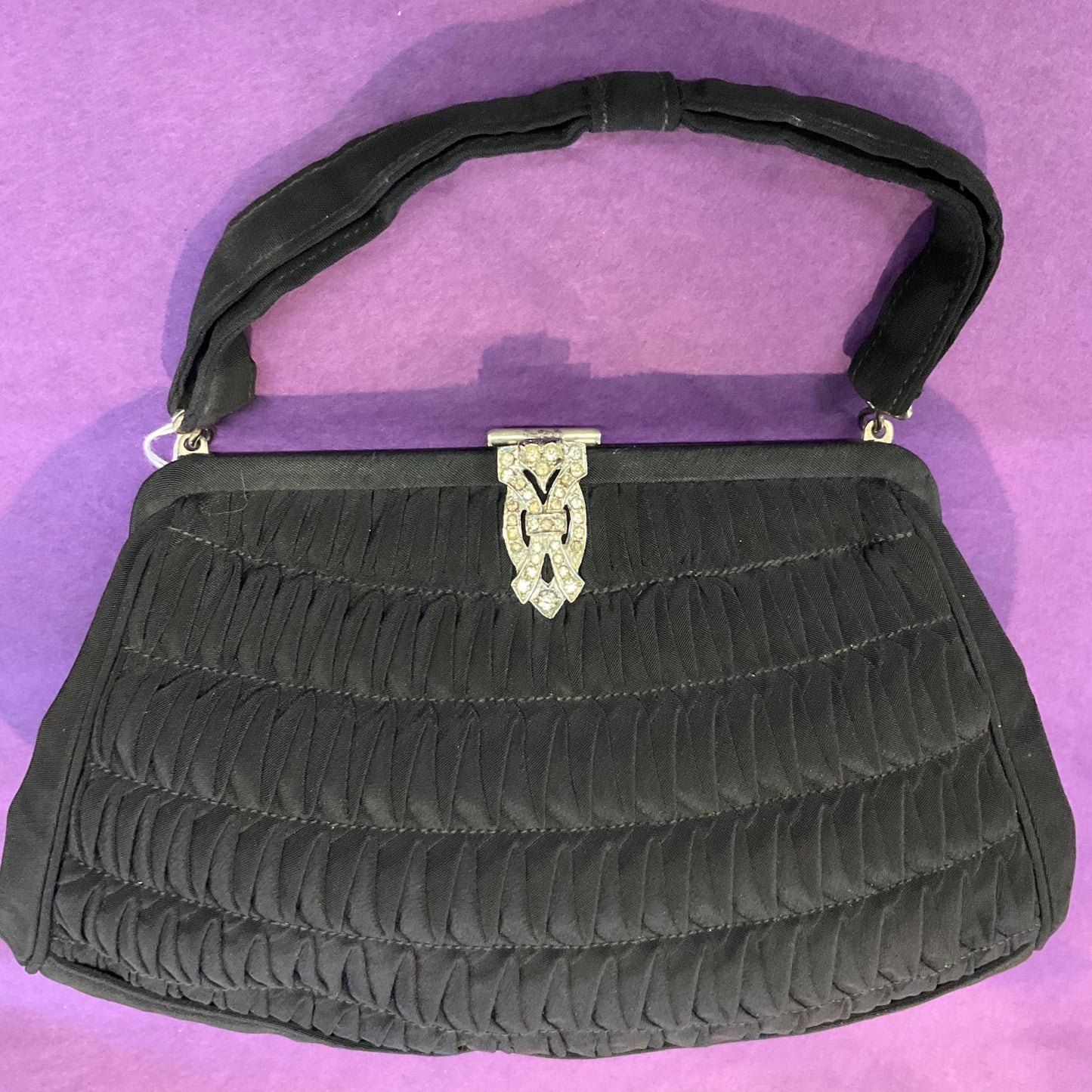 Antique Genuine Art Deco CFR Black Grosgrain Taffetta Evening Bag with Rhinestone Clasp, Flapper Girl, Formal Event