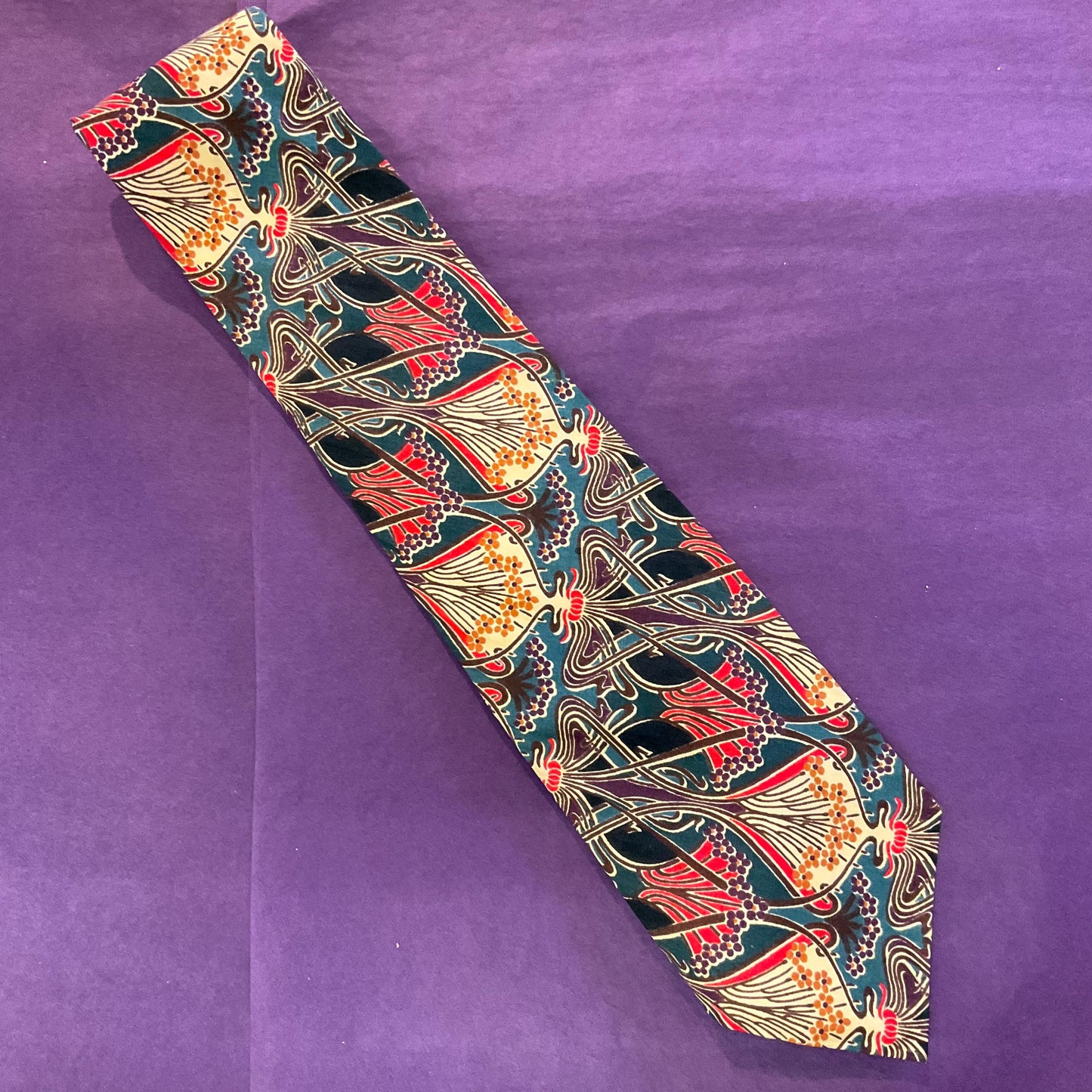Vintage LIBERTY Classic ‘Ianthe’ Tana Lawn Cotton Tie, Classic Art Noveau Print, Red, Teal, Cream , Purple & Gold shades, Gifts for Him