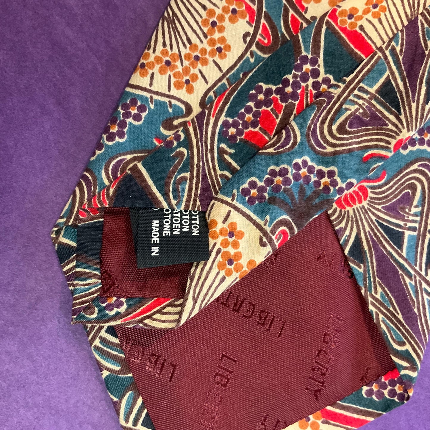 Vintage LIBERTY Classic ‘Ianthe’ Tana Lawn Cotton Tie, Classic Art Noveau Print, Red, Teal, Cream , Purple & Gold shades, Gifts for Him