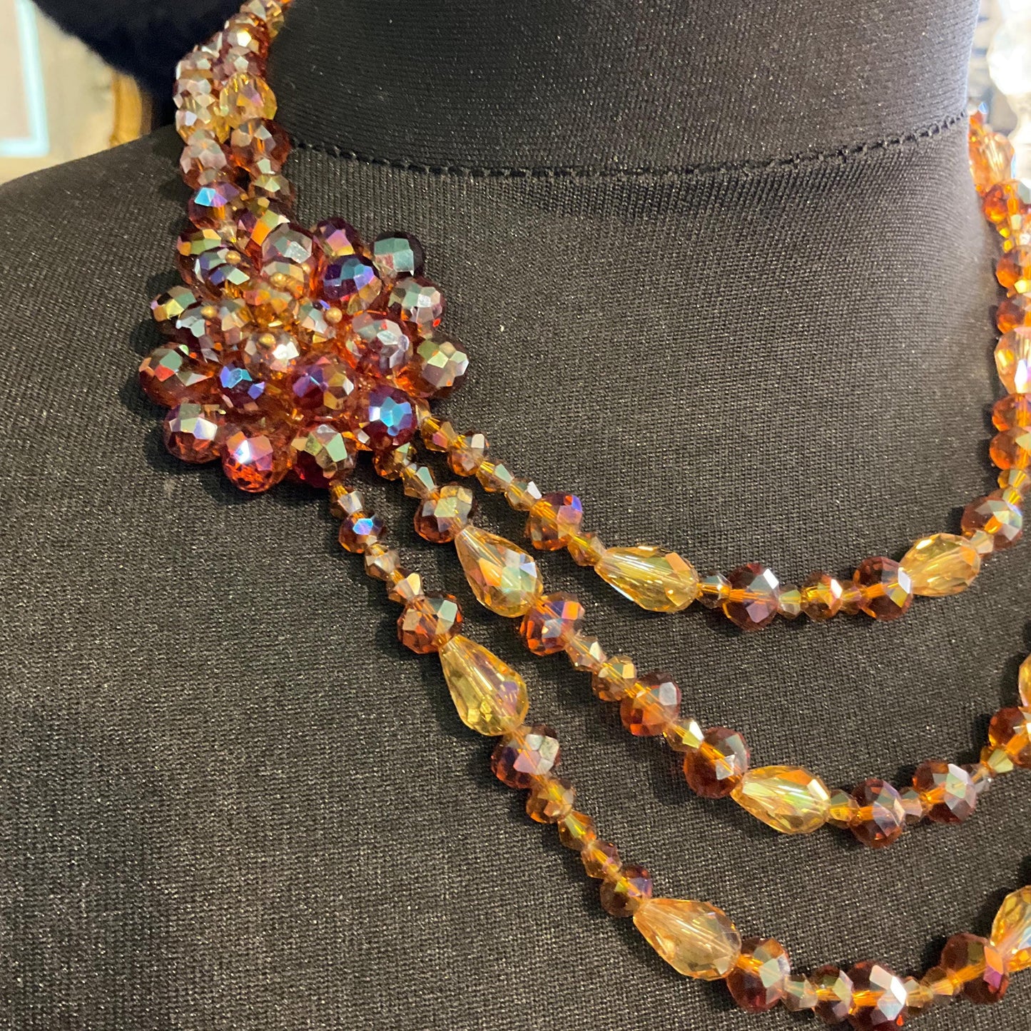 Vintage Butler and Wilson Gold Aurora Crystal Asymmetrical Beaded Necklace, Multistrand with Feature Beaded Cluster, signed in original box