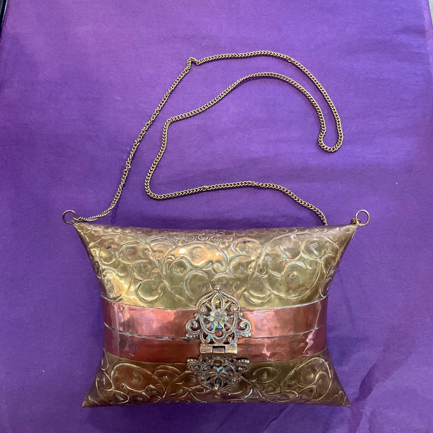 Vintage 1970s/80s Brass and Copper Metal Pillow Evening Bag, Engraved design, velvet lining, gifts for her