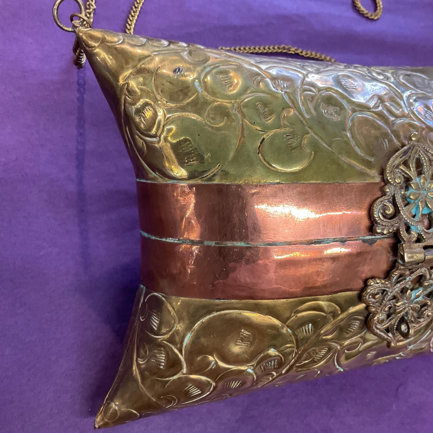 Vintage 1970s/80s Brass and Copper Metal Pillow Evening Bag, Engraved design, velvet lining, gifts for her