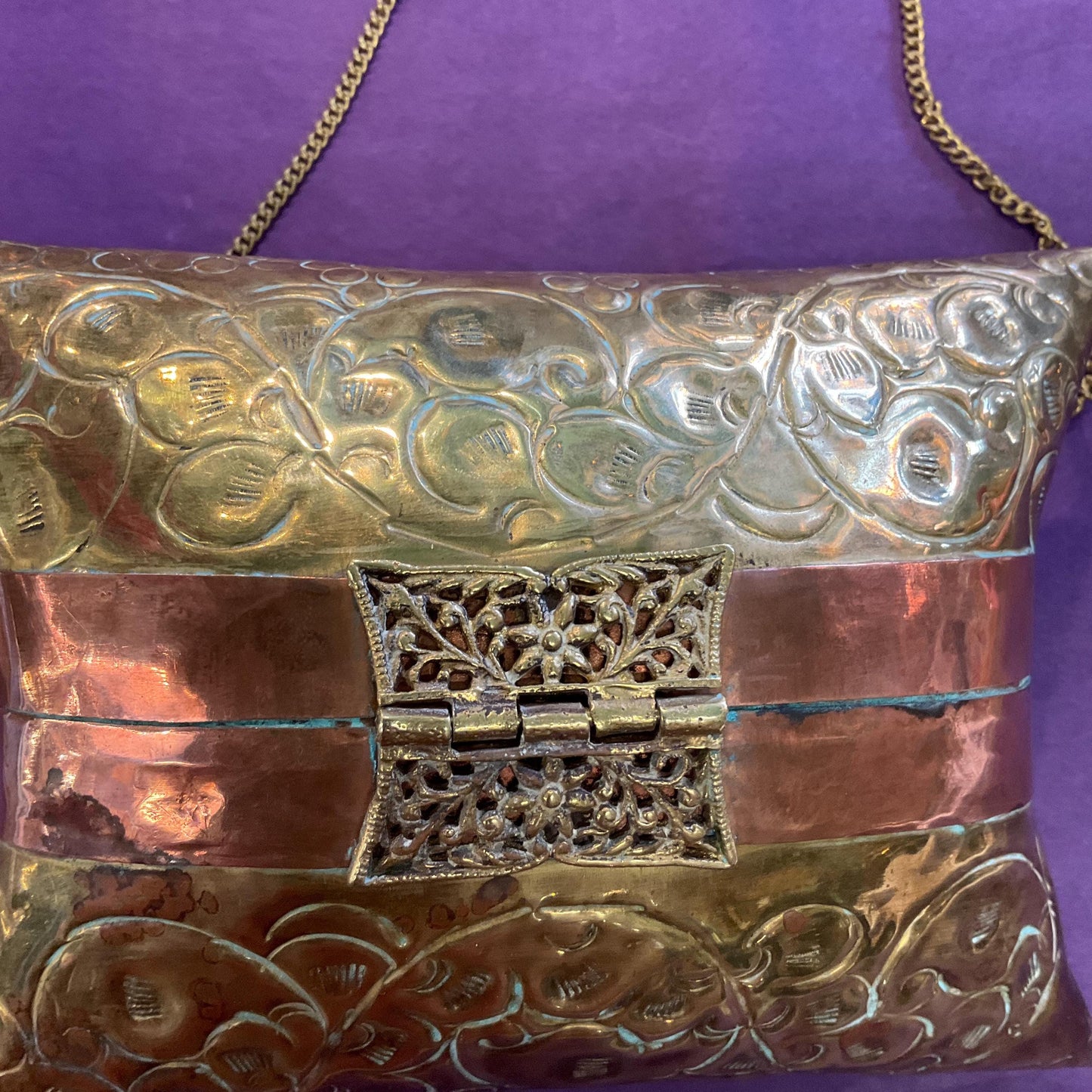 Vintage 1970s/80s Brass and Copper Metal Pillow Evening Bag, Engraved design, velvet lining, gifts for her