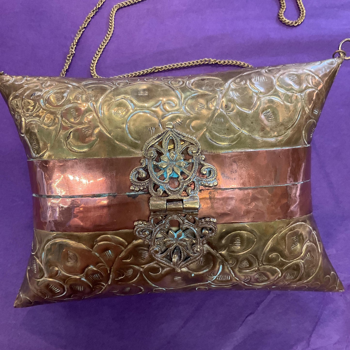 Vintage 1970s/80s Brass and Copper Metal Pillow Evening Bag, Engraved design, velvet lining, gifts for her