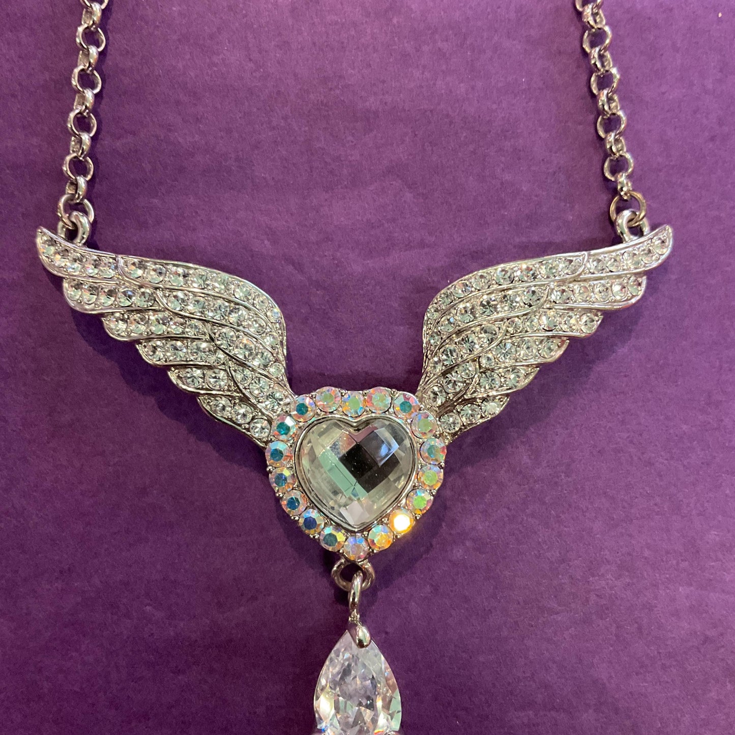 Vintage Butler and Wilson Angel wing and Heart Crystal Drop Pendant, silver & Aurora Borealis rhinestone crystals, signed in original box
