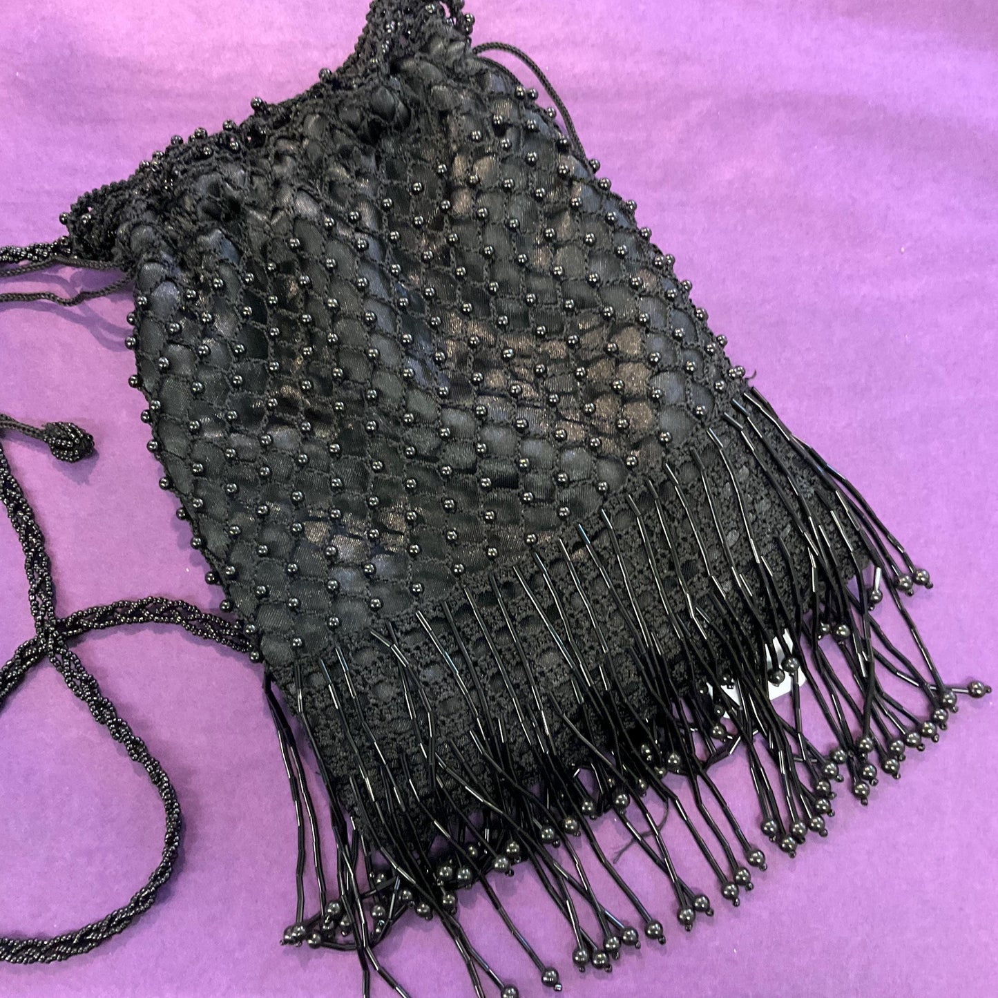 Vintage Black Satin crochet, beaded and Fringed Evening Bag , Beaded shoulder strap & Drawstring, sustainable fashion