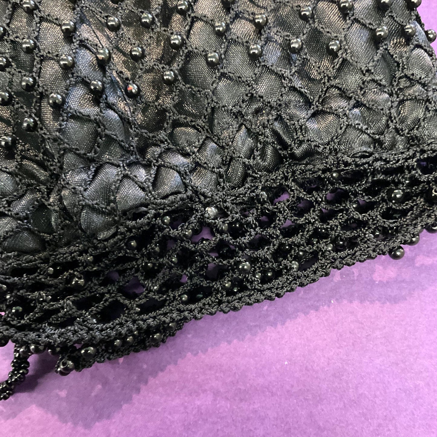 Vintage Black Satin crochet, beaded and Fringed Evening Bag , Beaded shoulder strap & Drawstring, sustainable fashion