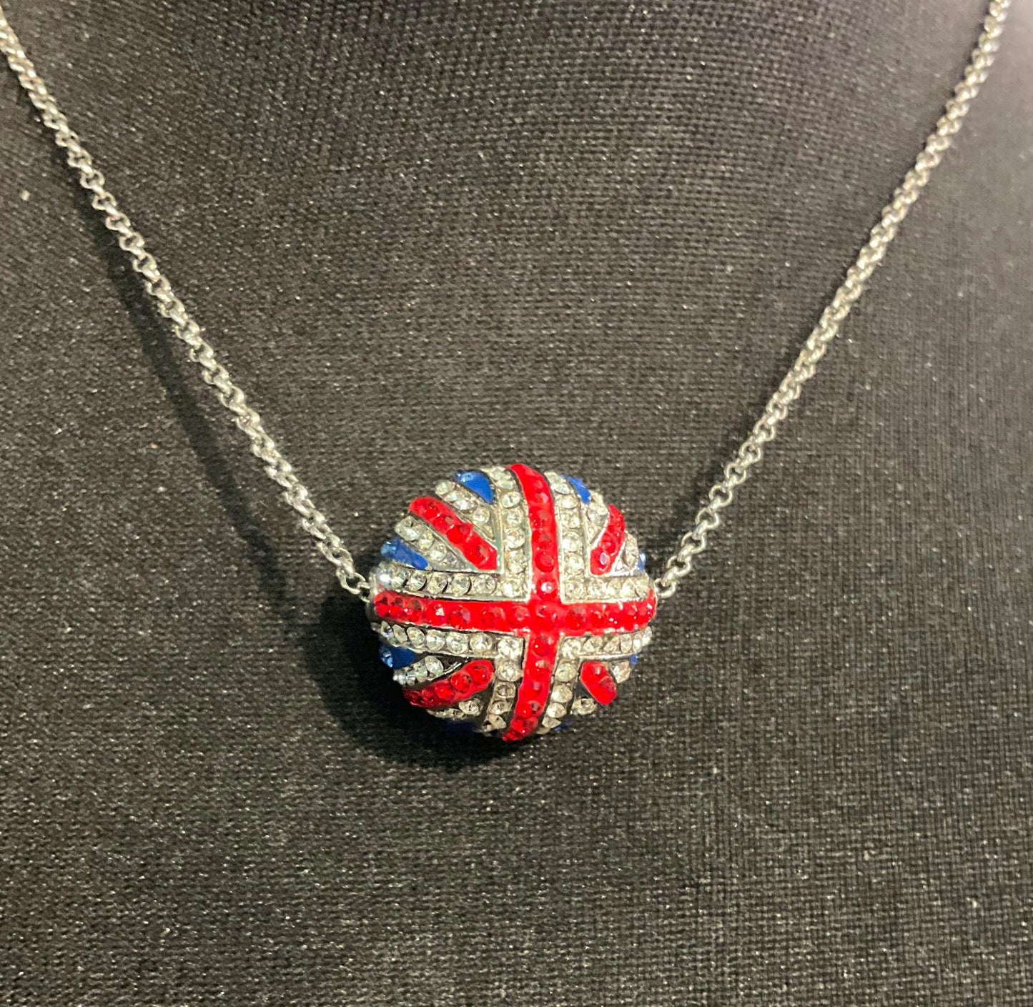 Vintage Butler and Wilson Crystal Rhinestone Union Jack Ball Pendant, Red, silver and blue crystals, Signed in original box, Gifts for them