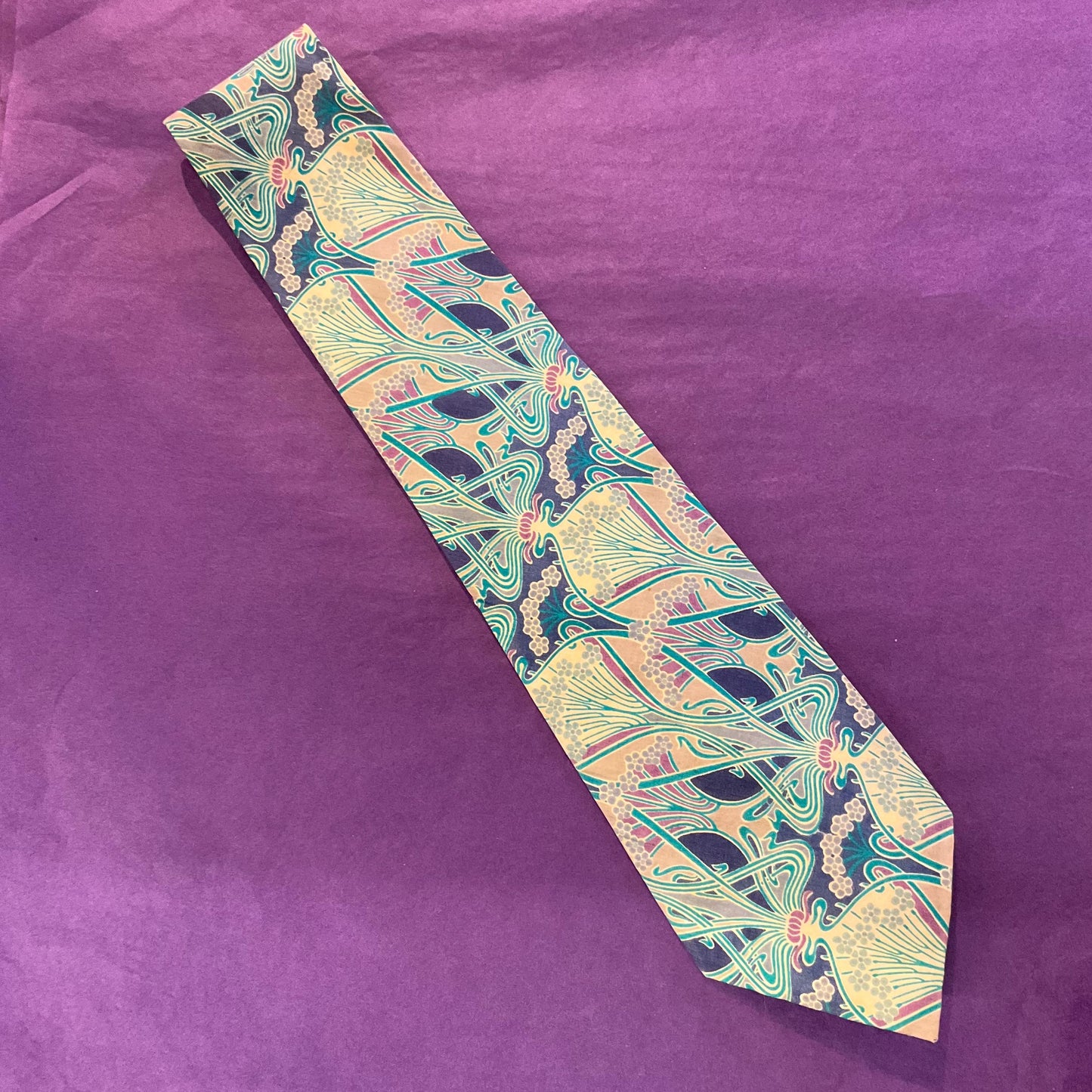Vintage LIBERTY Gents ‘Ianthe’ Tana Lawn Cotton Tie, Classic Art Noveau Print in blue, purple, turquoise & beige shades, Gifts for him