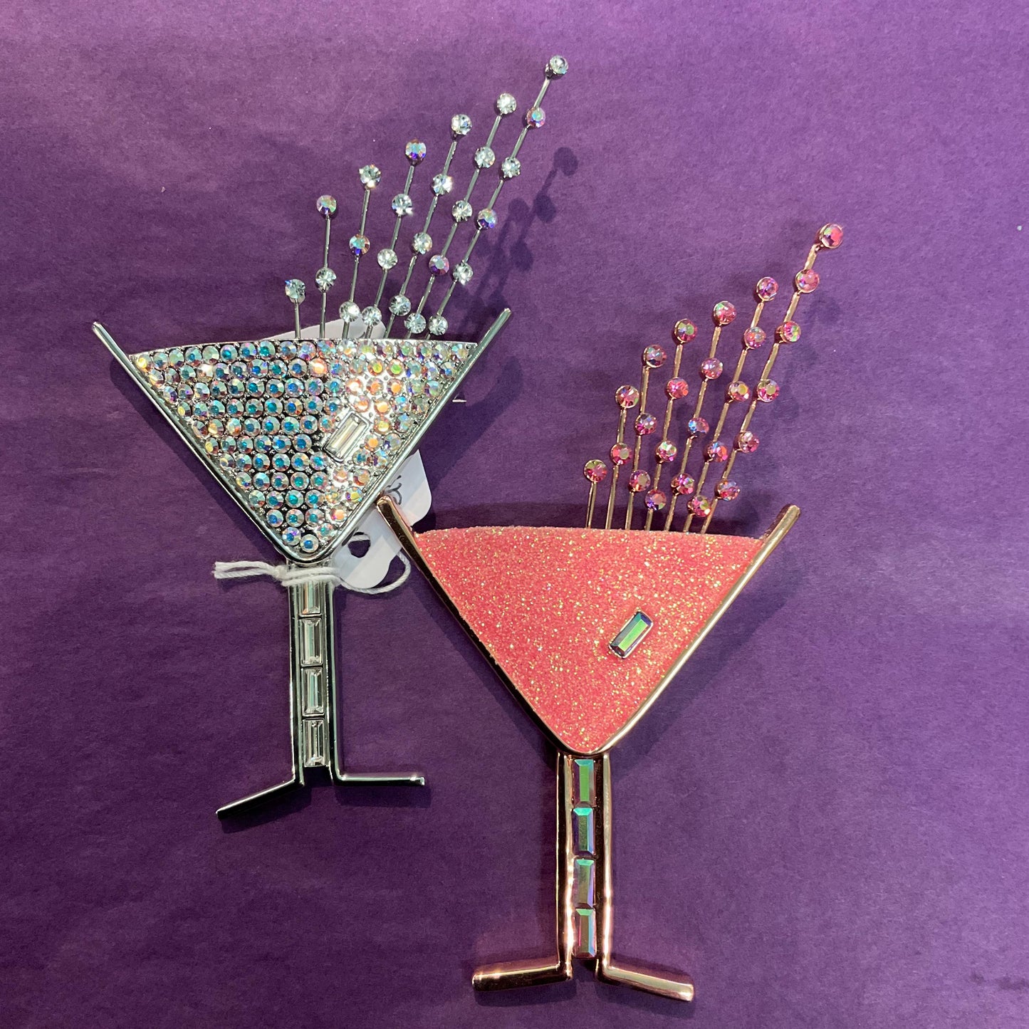 Vintage Butler and Wilson Oversized Pink Cocktail Glass Brooch, Rose Gold Tone with aurora glitter and Rhinestone Crystal, Signed in box