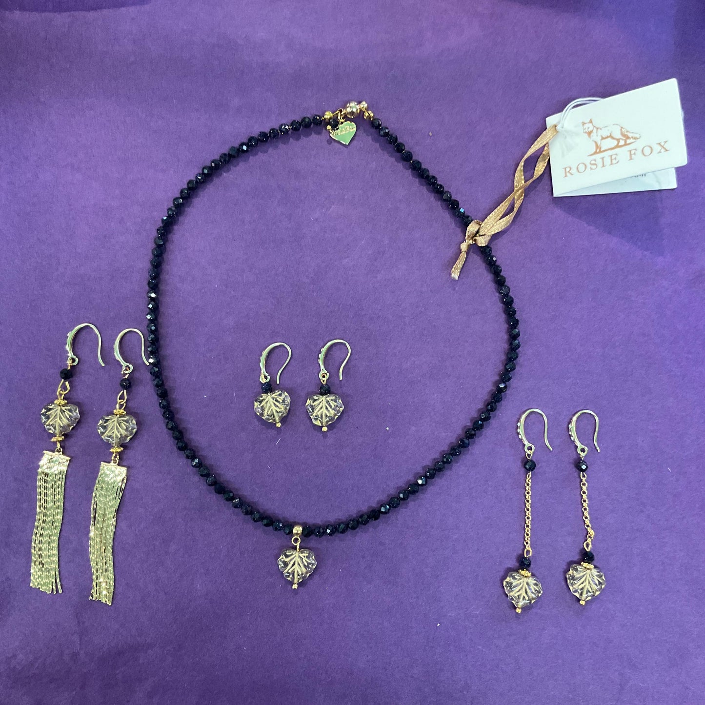 Vintage Style Gold Plated Starstone Crystal Drop Earrings by Rosie Fox, Crystal Heart Charm, unworn in original gift bag.