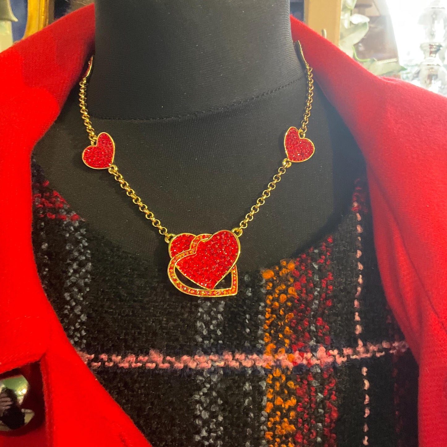 Vintage Butler and Wilson Red Crystal Heart Necklace and Earring Set, Gold tone with Red & Borealis crystals , signed in original box, gift