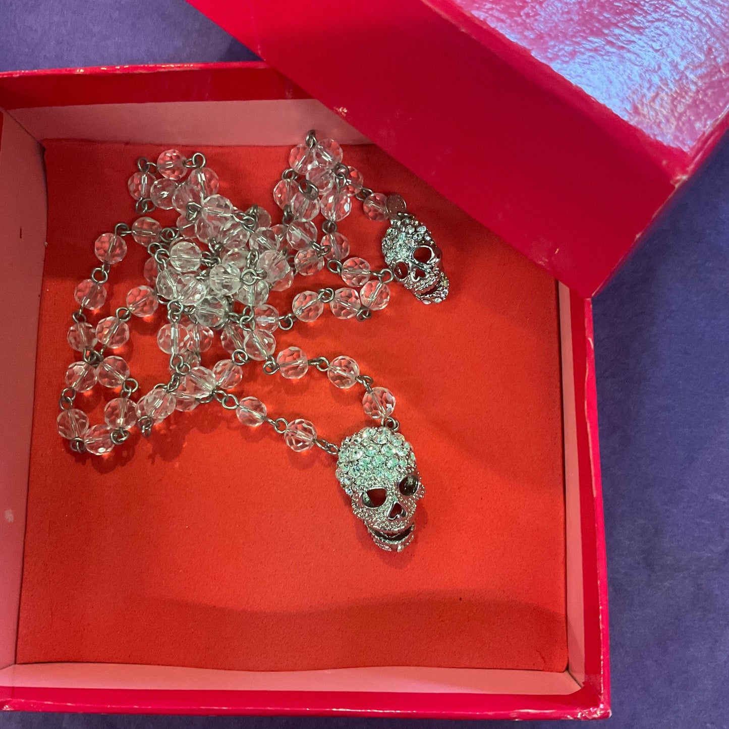 Vintage Butler and Wilson Long Crystal Skull Beaded Necklace, clear faceted crystal beads & Silver rhinestone, Signed in original gift box