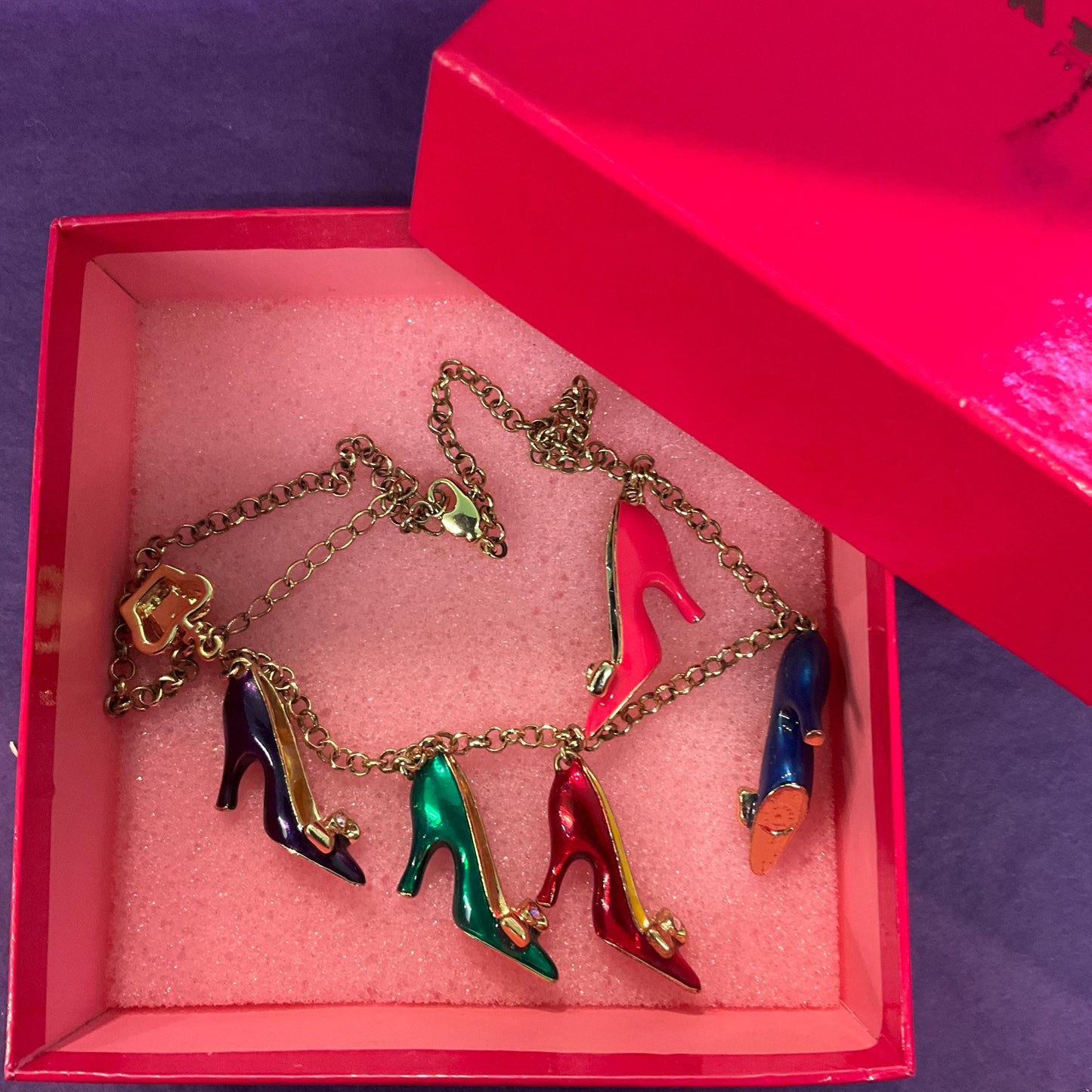 Vintage Butler and Wilson Disney Princess Shoe Charm Necklace, gold tone with enamel and crystal, signed, shoe lover gift