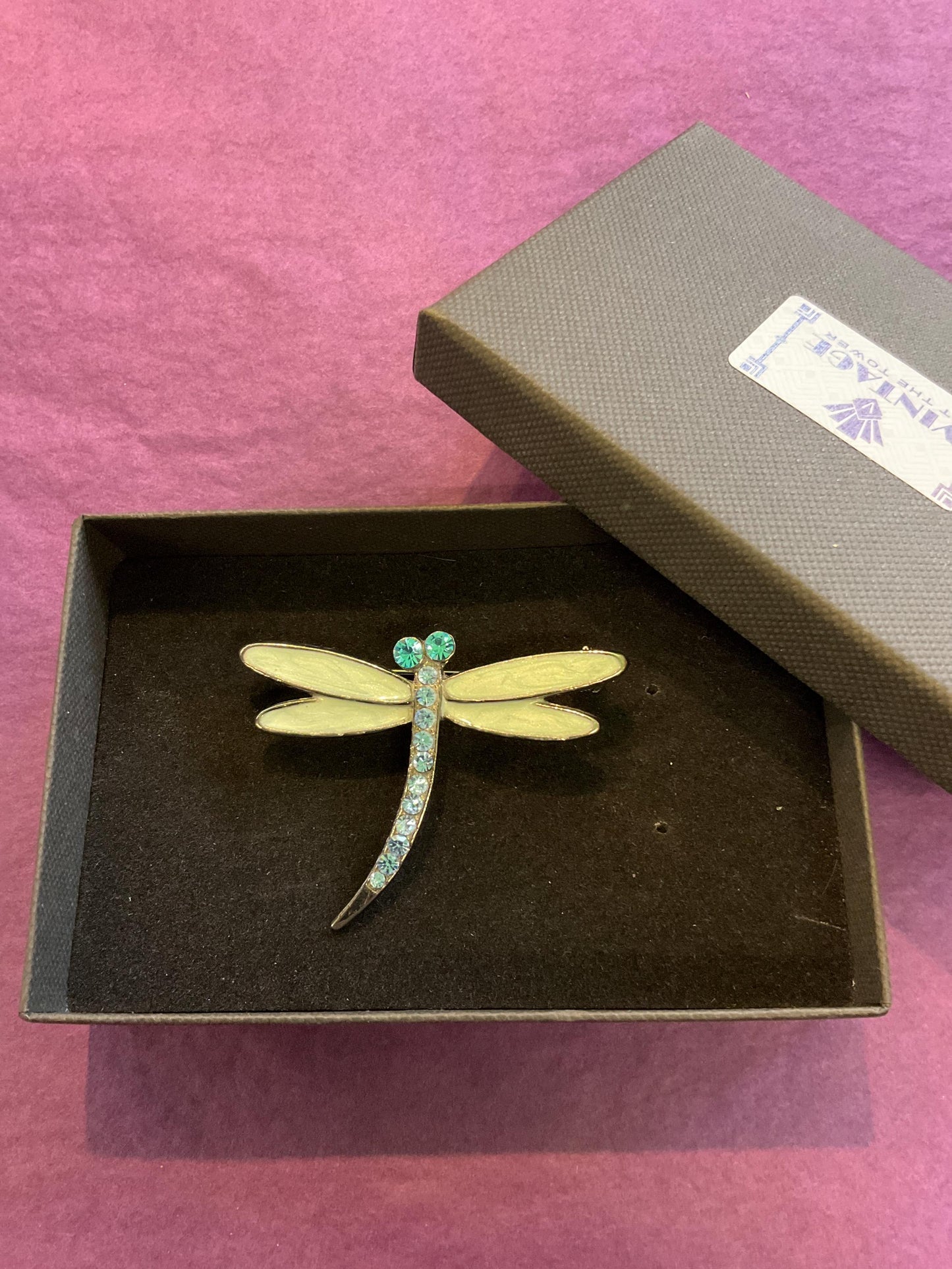 Vintage Mid Century Large Crystal Dragonfly Brooch, Silver tone with blue enamel and rhinestones, Gift Boxed, Dragonfly lover gift