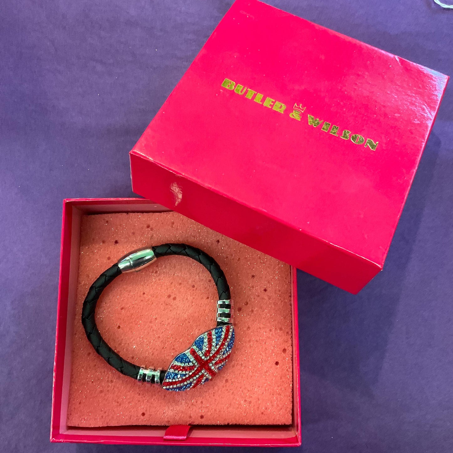 Vintage Butler and Wilson Woven Braided Leather Crystal Union Jack Lips Bracelet, Black Leather with Rhinestone crystals, Signed as new