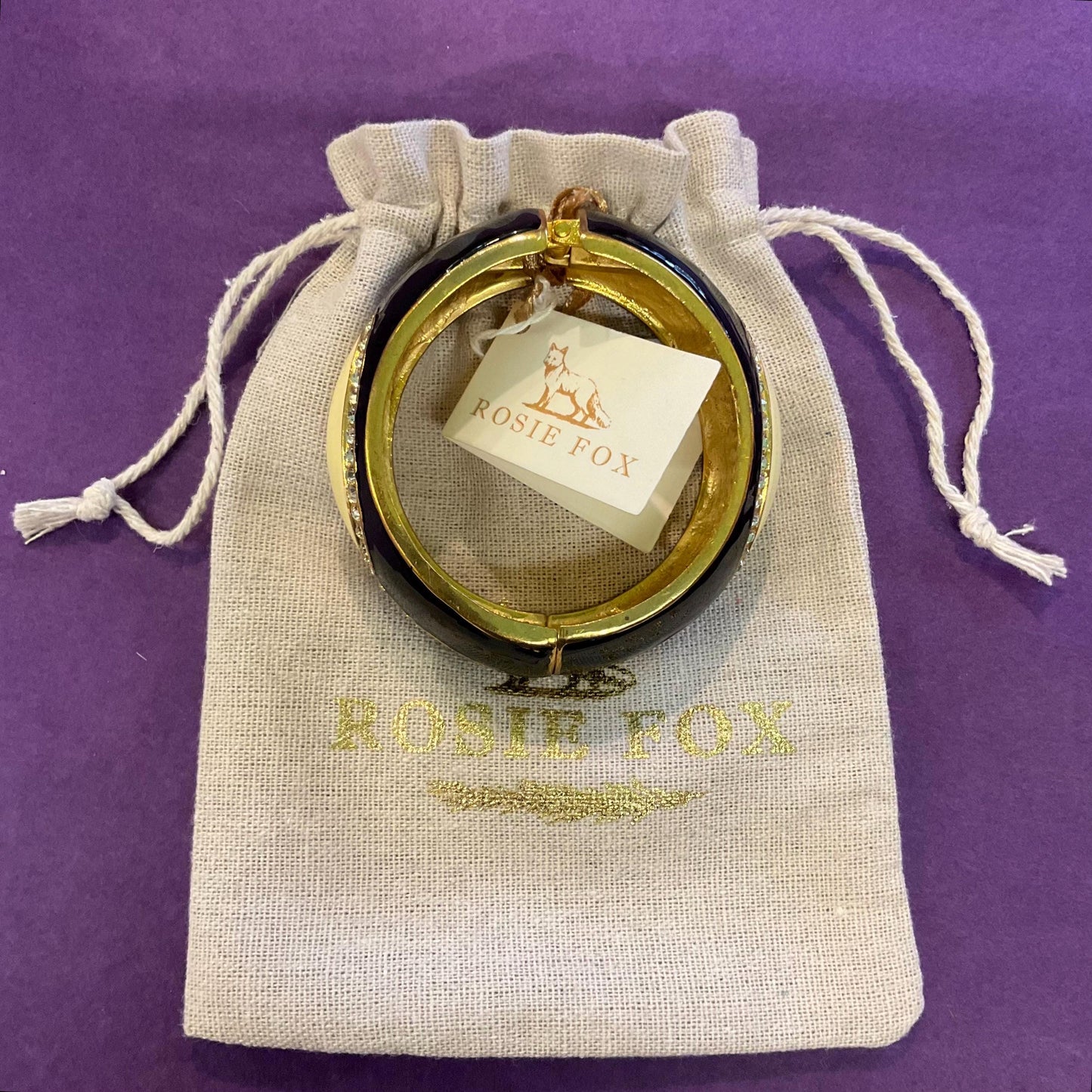 Vintage Art Deco Style ‘Jazz’ Enamel and Crystal Statement Bangle by Rosie Fox, Gold tone metal withIvory, black and silver rhinestones