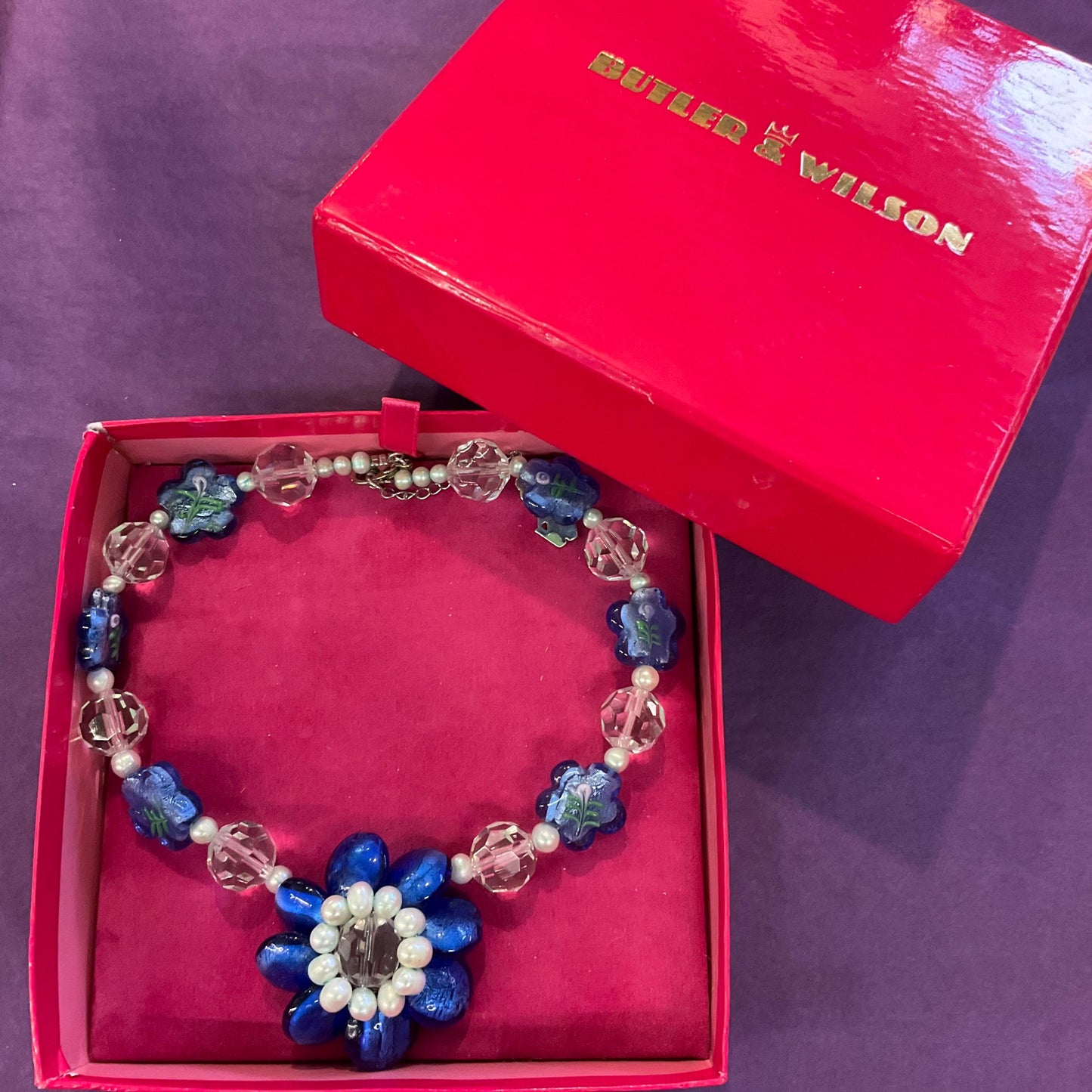 Vintage Butler and Wilson Blue Statement Crystal Fresh Water Pearl and Foiled Glass Beaded Floral Necklace, Signed and in Original Box
