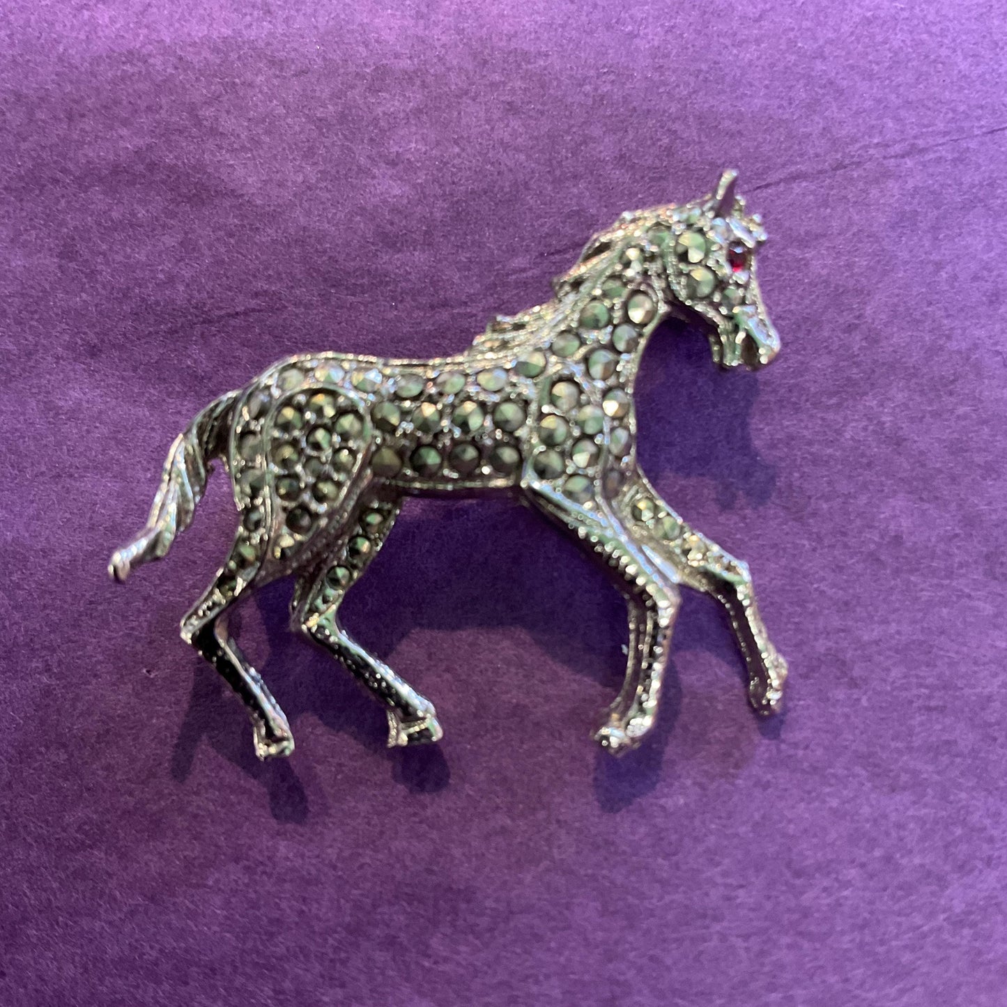 Vintage 1940s Silver Tone Marcasite Prancing Pony Brooch, Horse Lover Gift