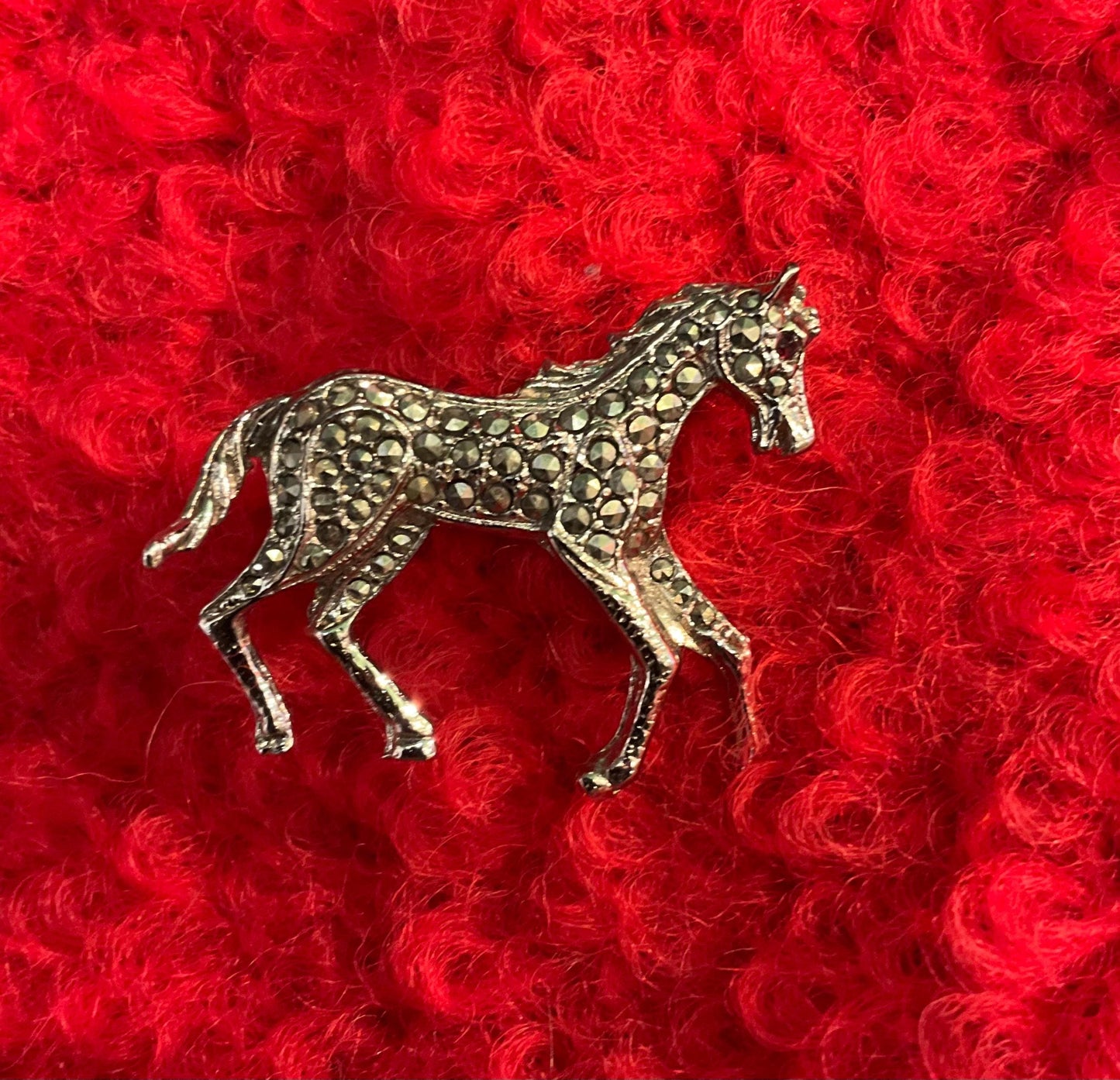 Vintage 1940s Silver Tone Marcasite Prancing Pony Brooch, Horse Lover Gift