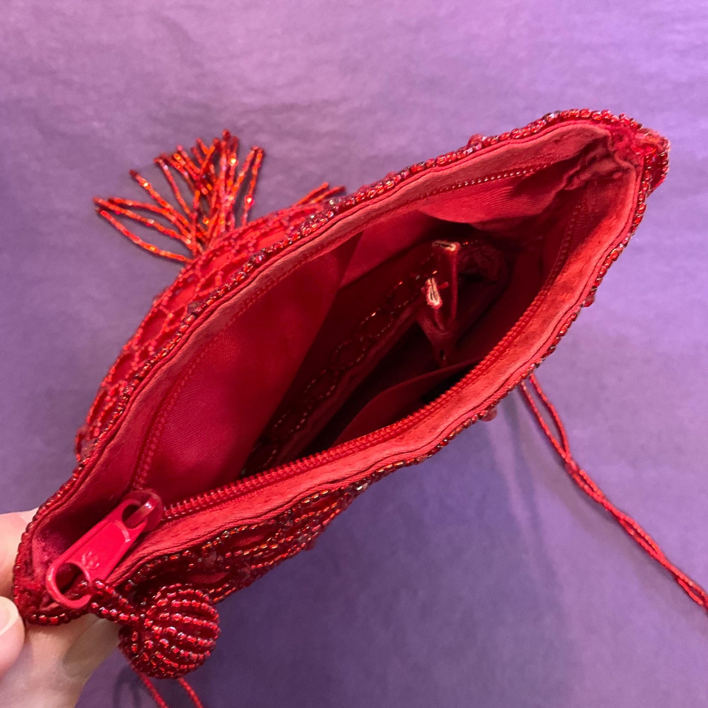 Vintage 1980s St Michael Red Satin Beaded Evening Bag, With Matching Coin Purse, Beaded Shoulder Strap