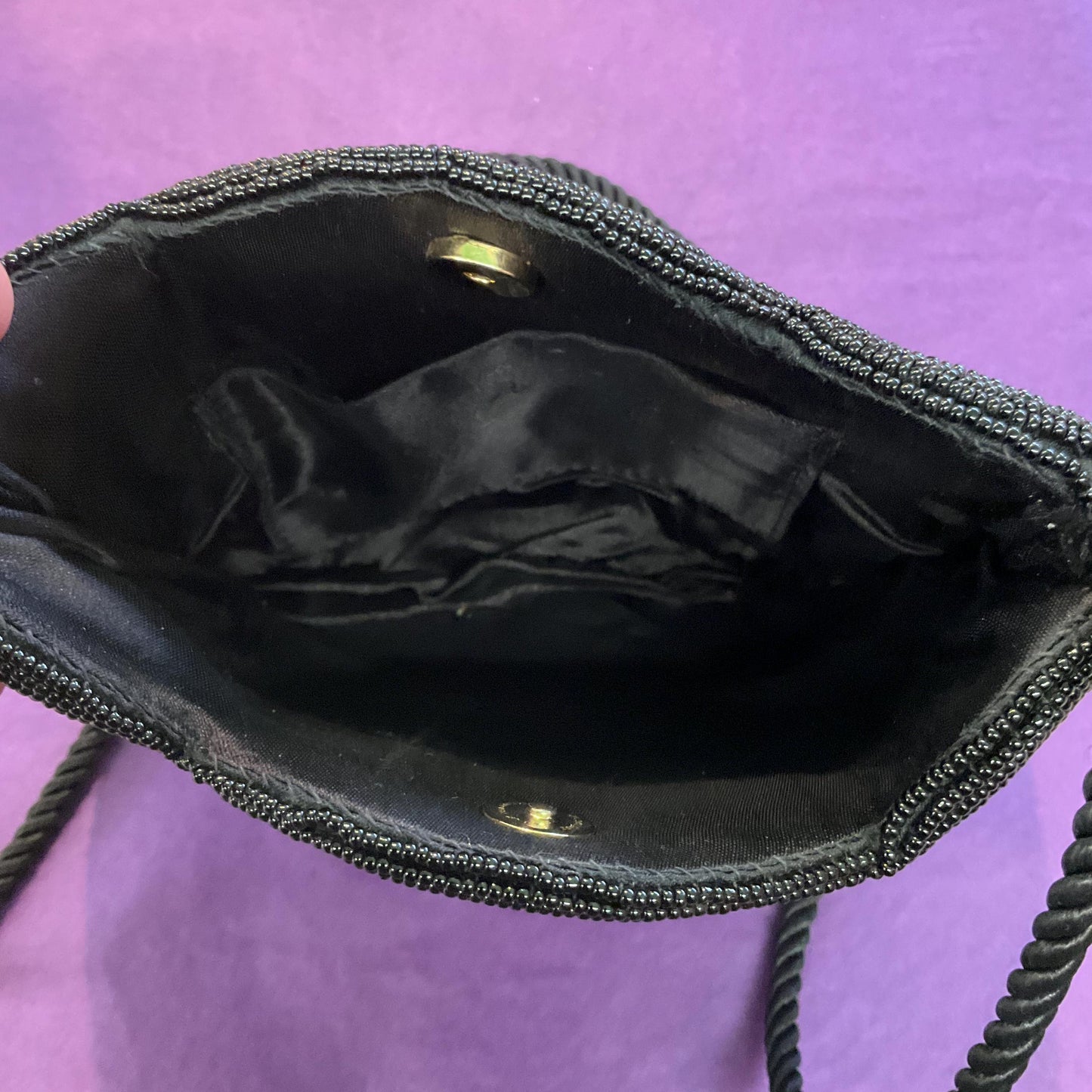 Vintage 1980s Beaded Satin Evening Bag, Black With Metallic Gold, Bronze And Silver Beads, Shoulder Length Strap