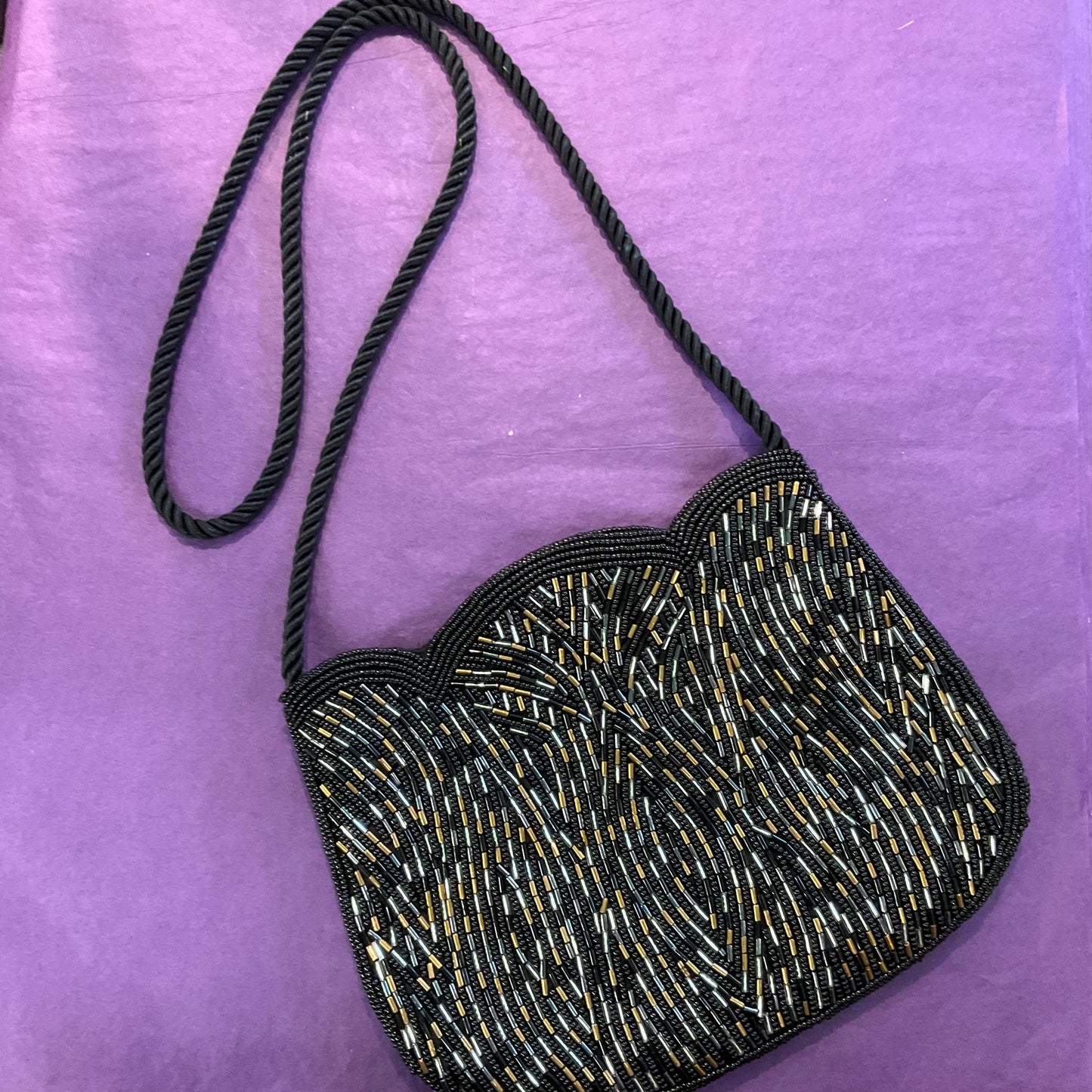 Vintage 1980s Beaded Satin Evening Bag, Black With Metallic Gold, Bronze And Silver Beads, Shoulder Length Strap