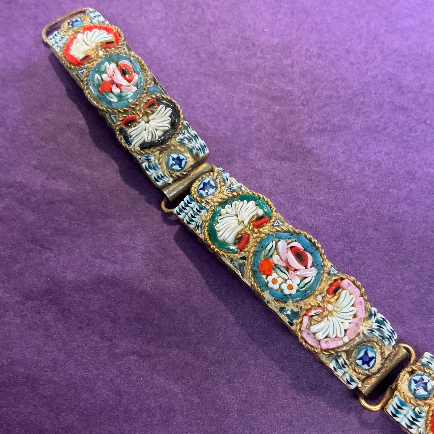 Antique Italian Micro Mosaic Panel Bracelet, Venetian Glass on Brass, early 20th century, sustainable gift