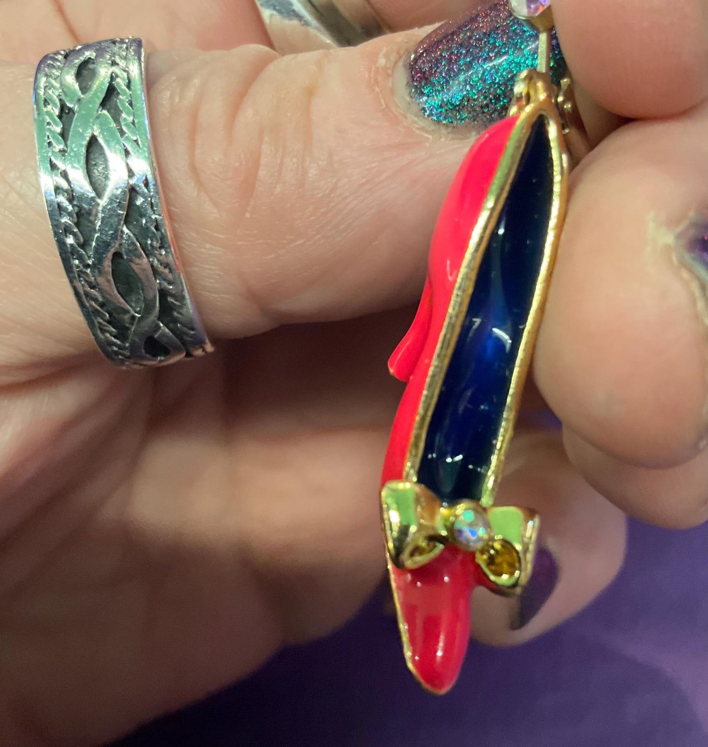 Vintage Butler and Wilson Disney Princess Pink & Purple Shoe Dangle Earrings, Gold tone with enamel and rhinestone Crystal, signed