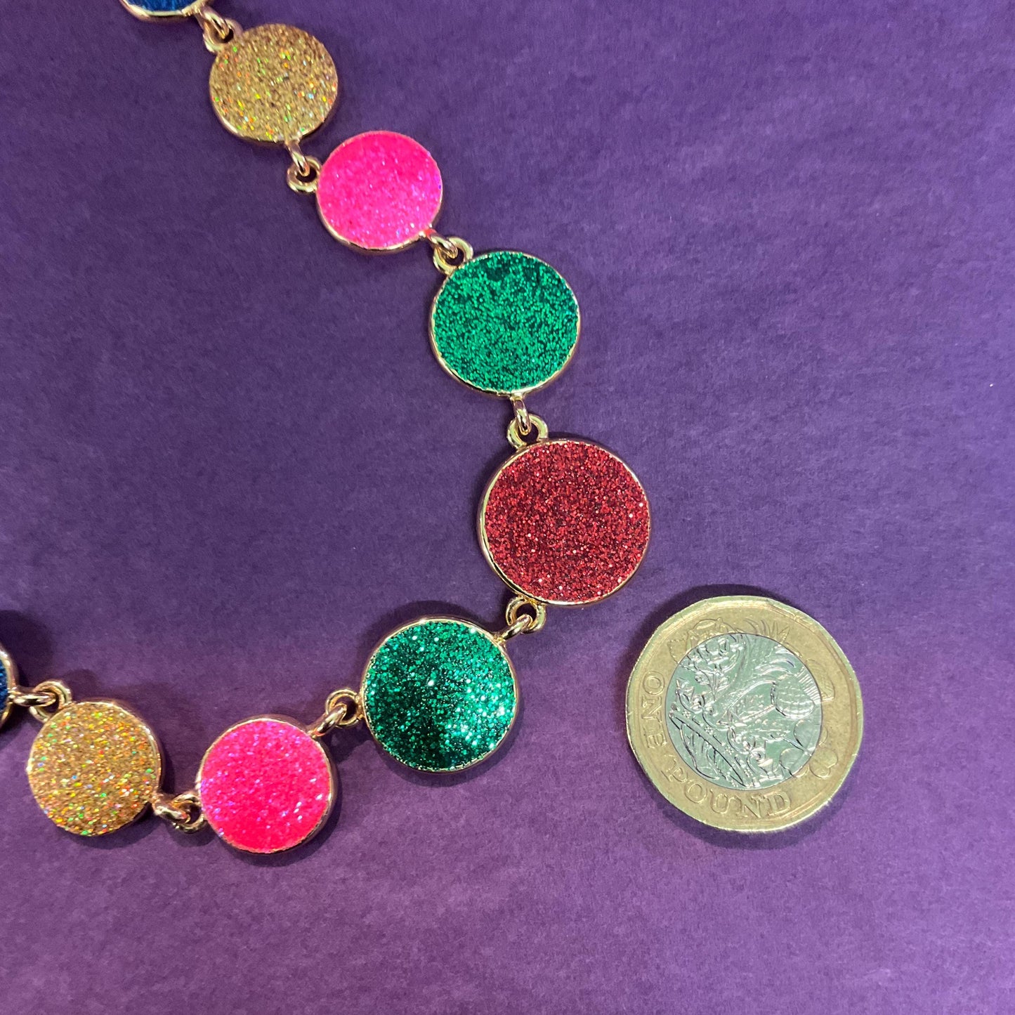 Vintage Butler and Wilson Rainbow Crystal Glitter Necklace, gold tone with multicoloured glitter discs, Signed, Gifts for them