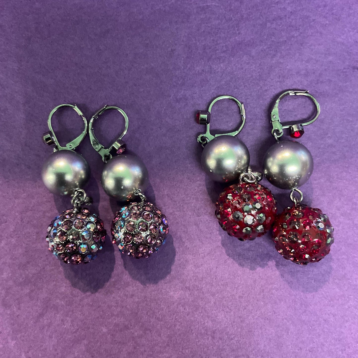Vintage Butler and Wilson Purple Glitter Ball Drop Earrings, Silver faux pearl and Borealis rhinestone, disco diva gift, signed
