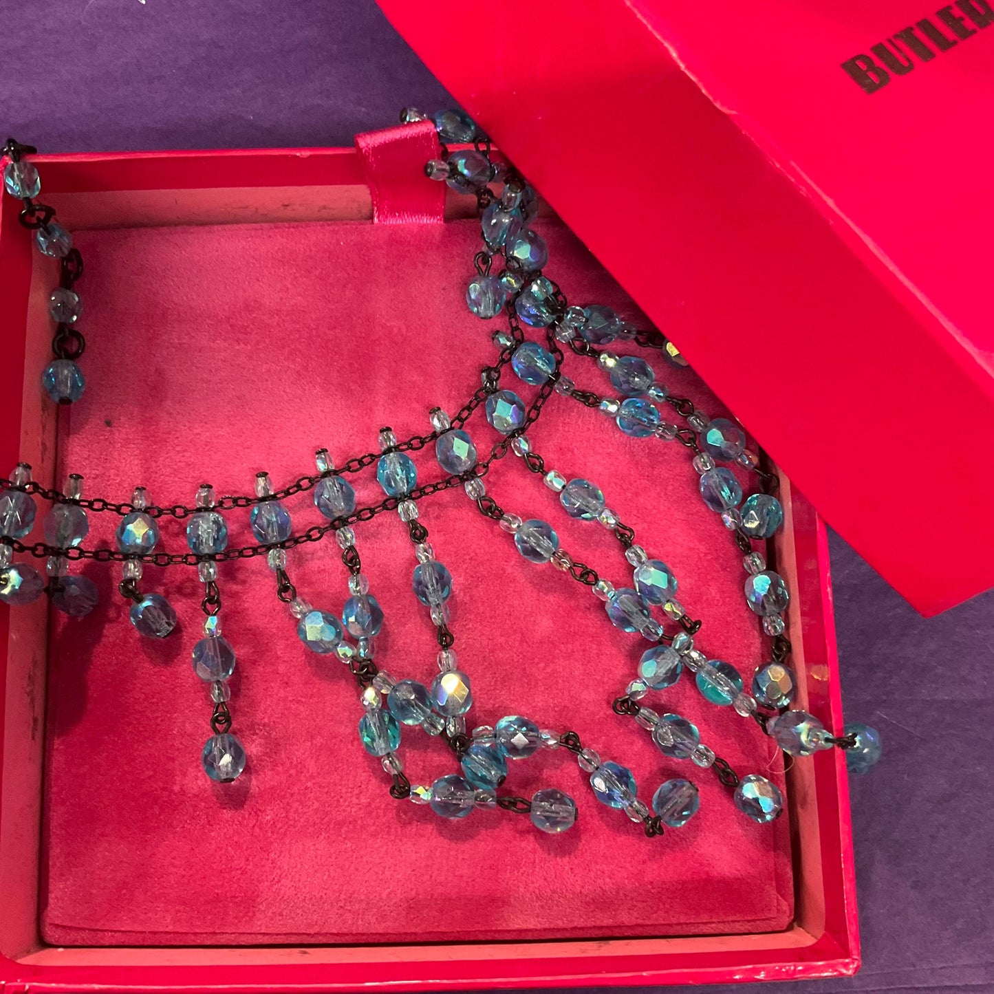 Vintage Butler and Wilson Turquoise Blue Crystal Waterfall Beaded Statement Necklace, Victorian/ Edwardian Style , signed in original box