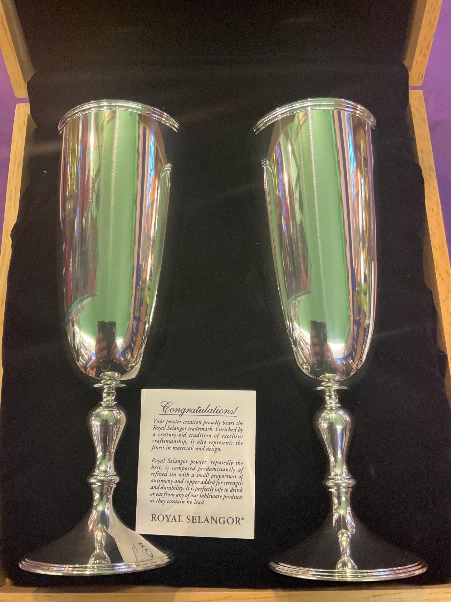 Vintage Royal Selangor Pair of Pewter Champagne Goblets, unused in original presentation case, fine dining, Father’s Day gift