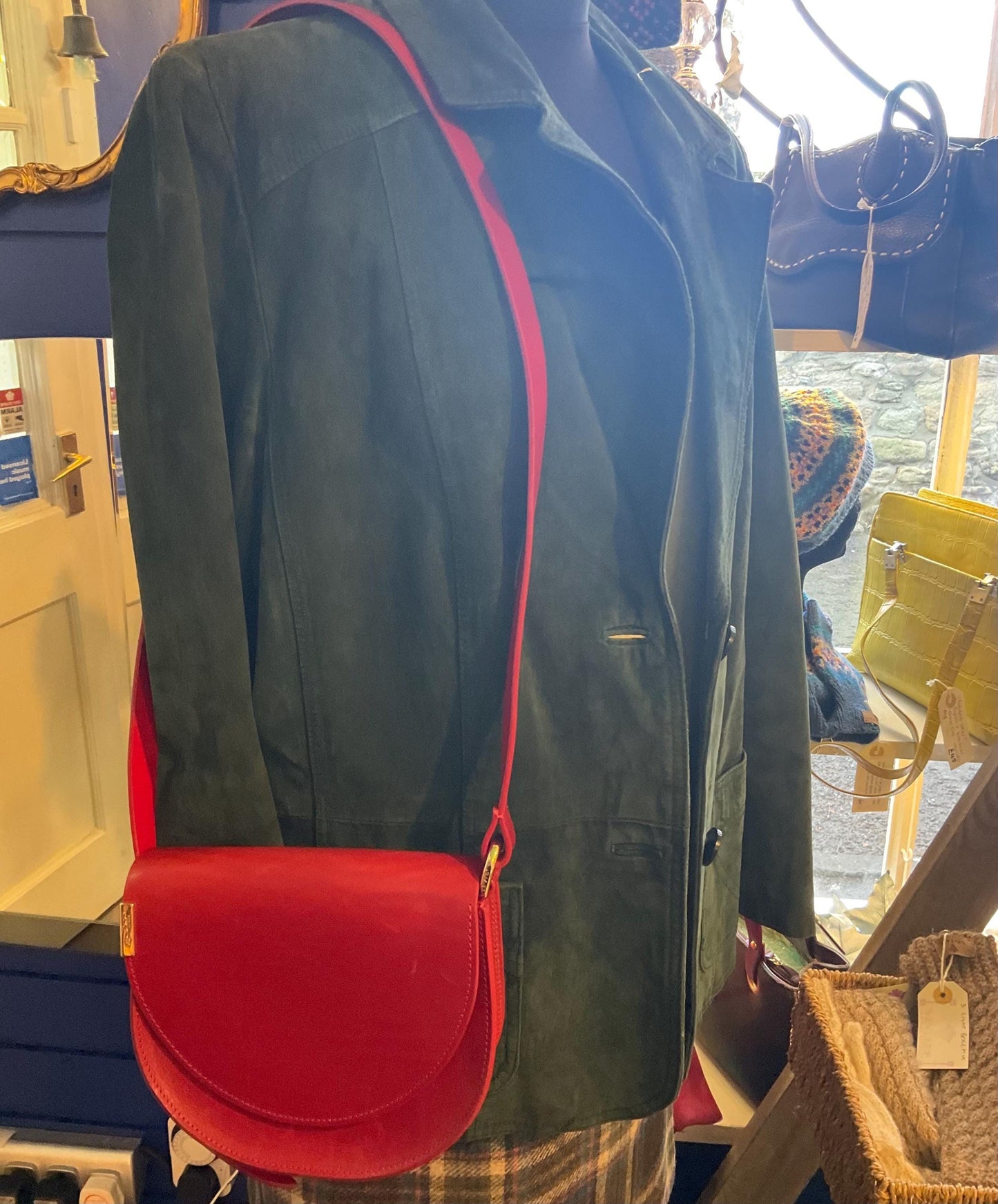 Vintage LEVI’S Italian Red Leather Saddlebag, Adjustable Shoulder Length Strap, Gold Tone