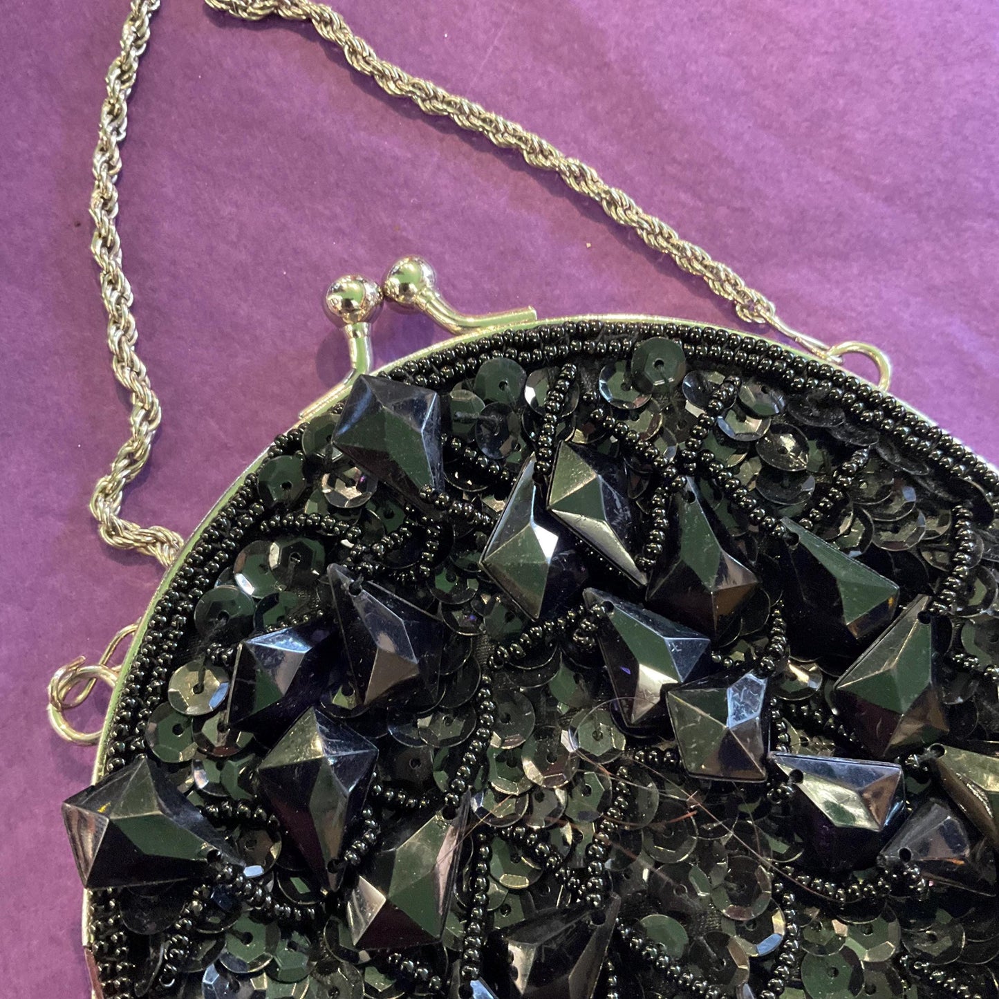 Vintage 1970/80s Small Black Beaded Tassled Evening Bag, Black/Deep Purple Large Diamond Shaped Beads By La Regale