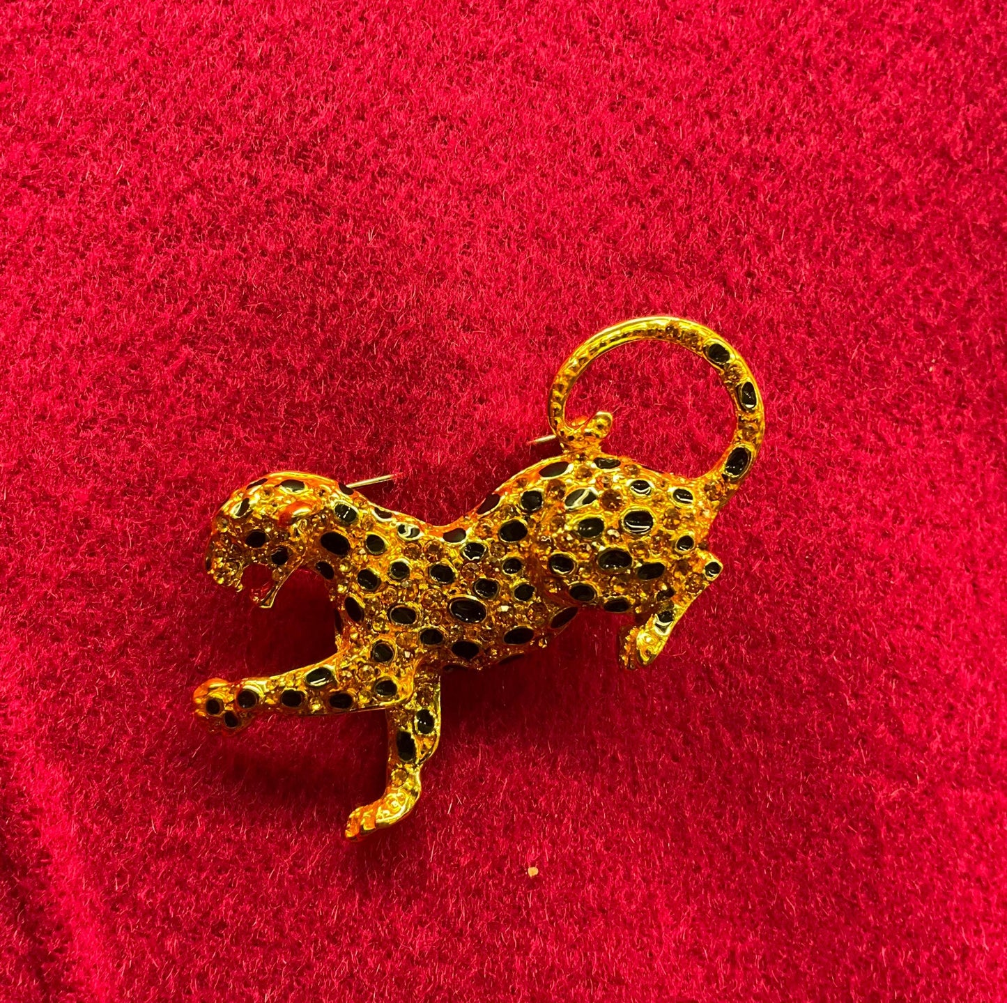 Vintage Butler And Wilson Large Gold Tone Crystal Leopard Brooch, Gold Rhinestone And Black Enamel, Big cat jewellery, sustainable gift