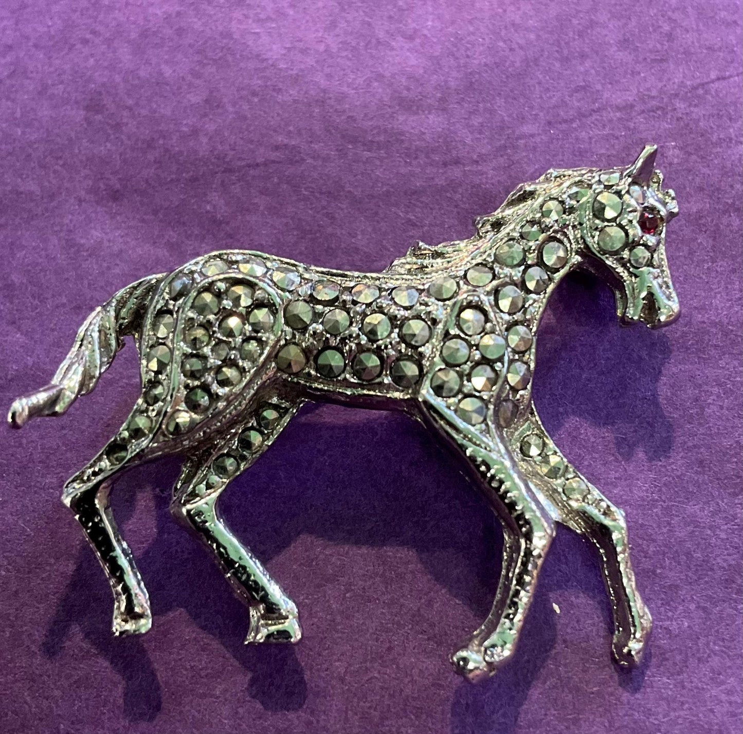 Vintage 1940s Silver Tone Marcasite Prancing Pony Brooch, Horse Lover Gift
