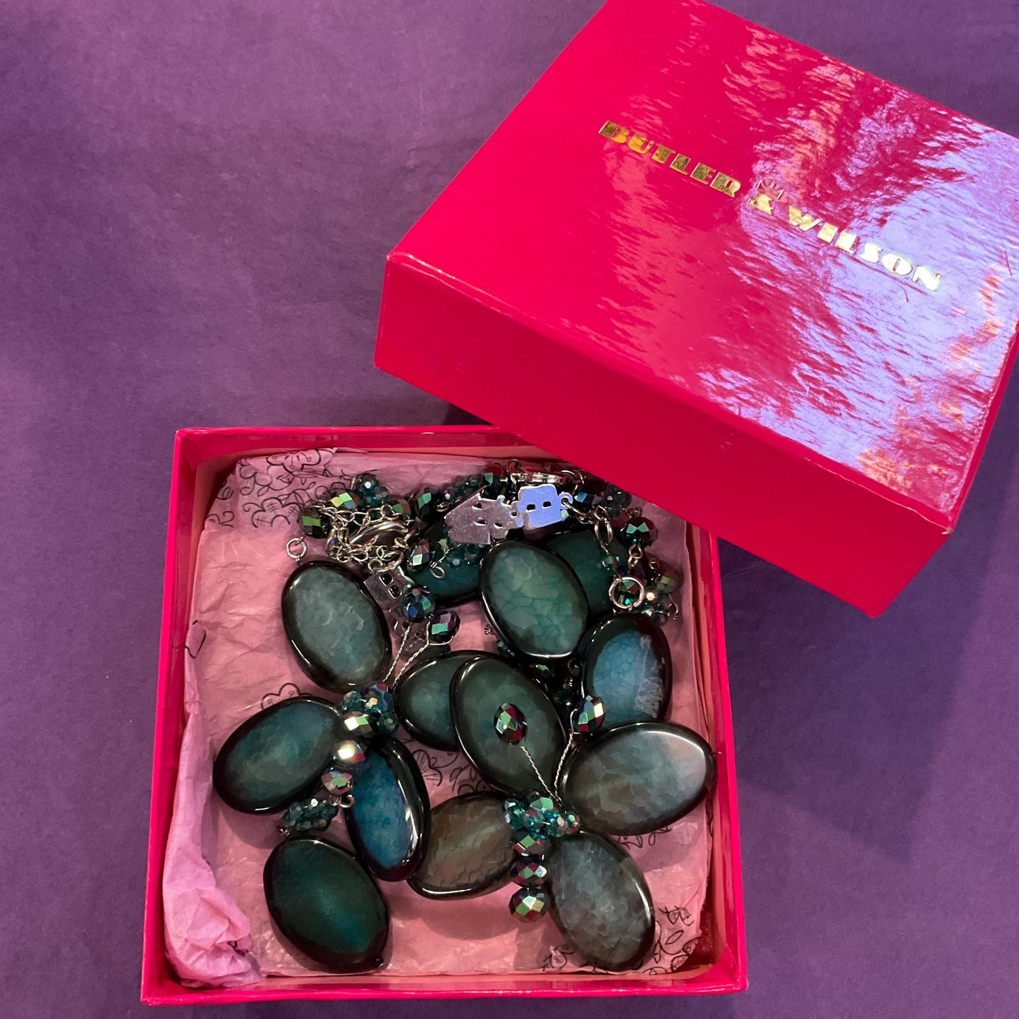 Vintage Butler And Wilson Polished Agate And Crystal Butterfly Statement Necklace And Bracelet Set, Jade Green, Black Agate Discs