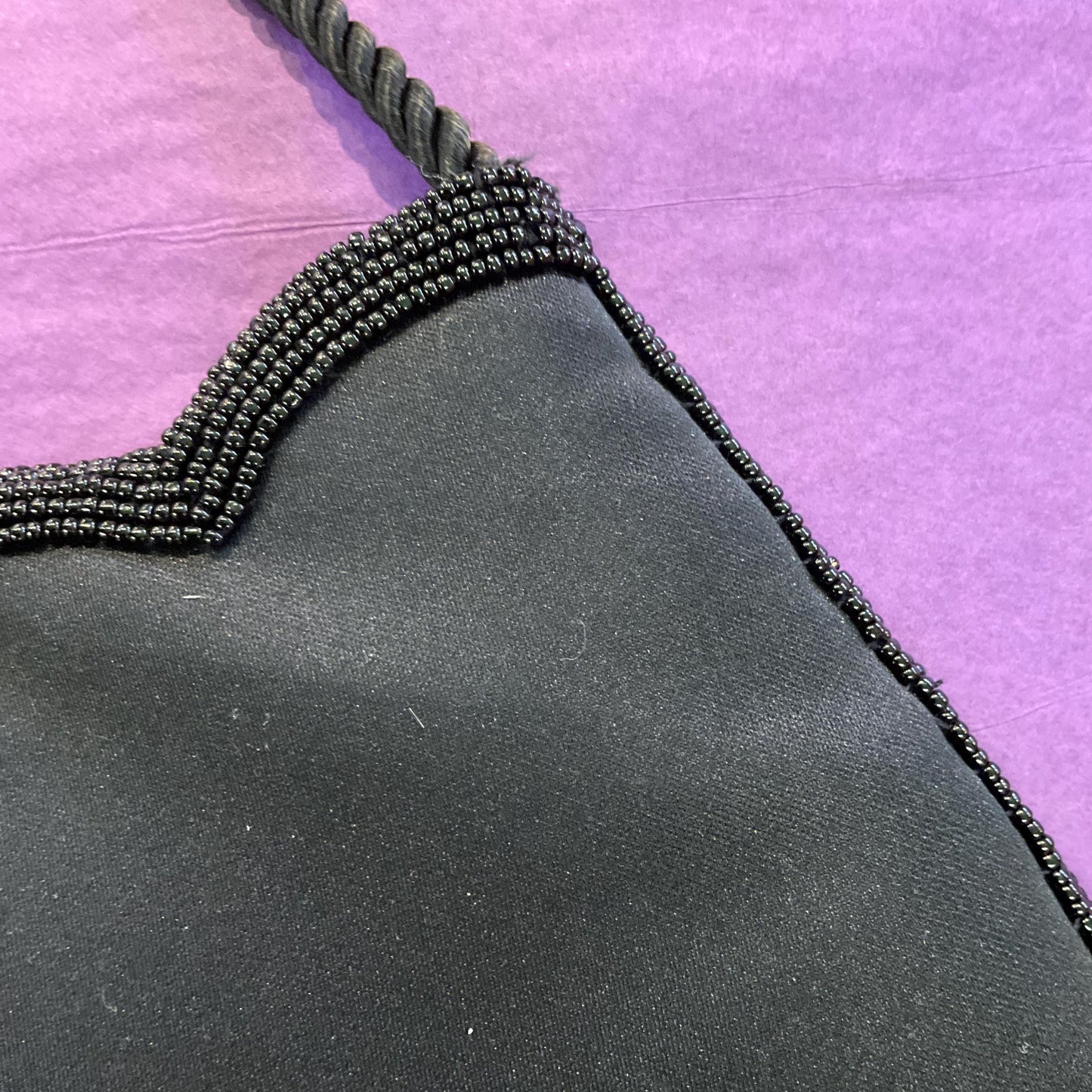Vintage 1980s Beaded Satin Evening Bag, Black With Metallic Gold, Bronze And Silver Beads, Shoulder Length Strap