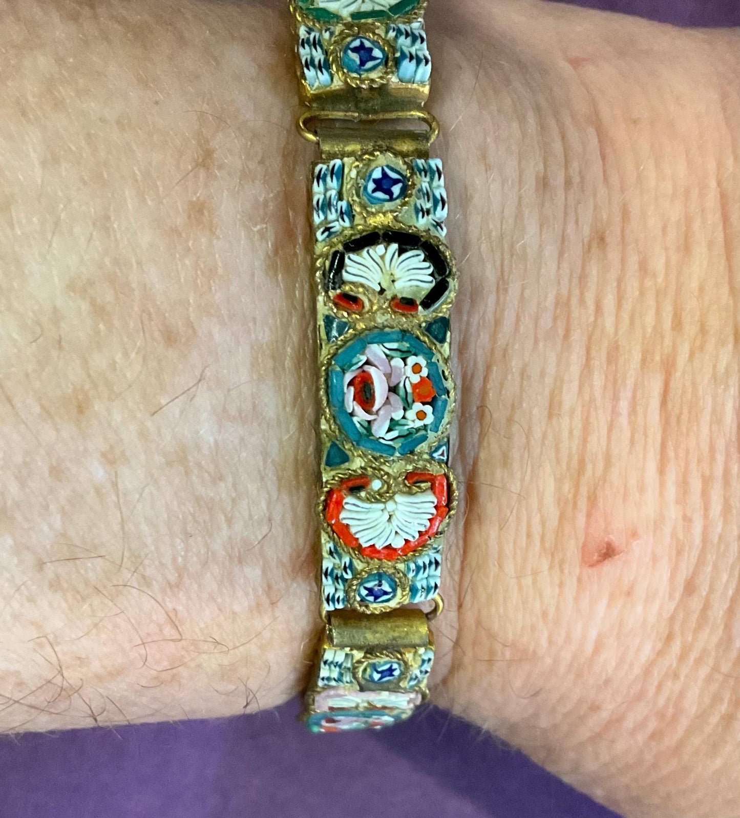 Antique Italian Micro Mosaic Panel Bracelet, Venetian Glass on Brass, early 20th century, sustainable gift