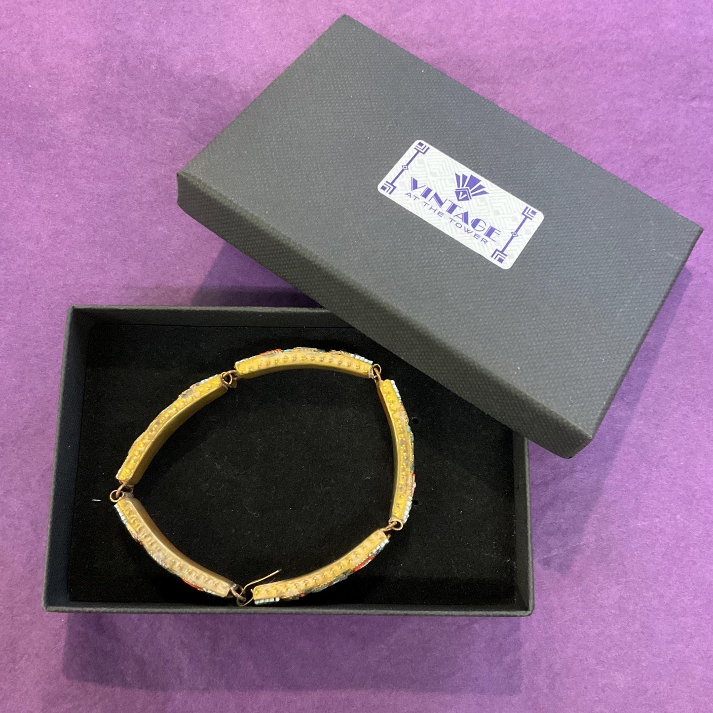 Antique Italian Micro Mosaic Panel Bracelet, Venetian Glass on Brass, early 20th century, sustainable gift