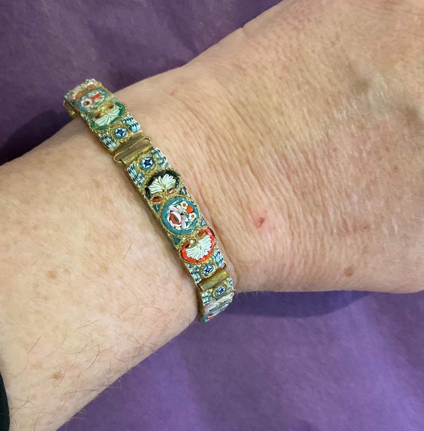 Antique Italian Micro Mosaic Panel Bracelet, Venetian Glass on Brass, early 20th century, sustainable gift