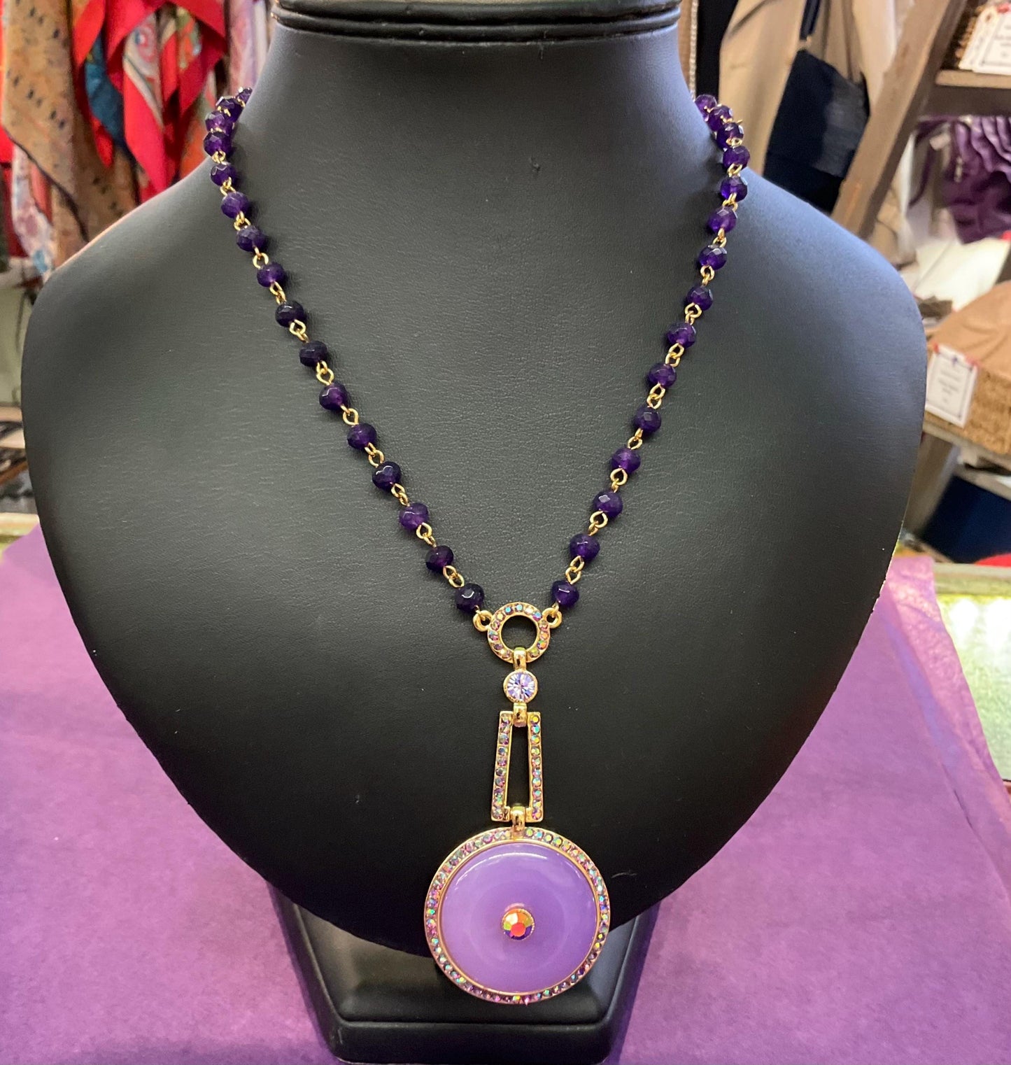 Vintage Butler and Wilson Art Deco Style Purple Crystal Donut Necklace, Purple and Borealis Rhinestones, Signed in Original Box.