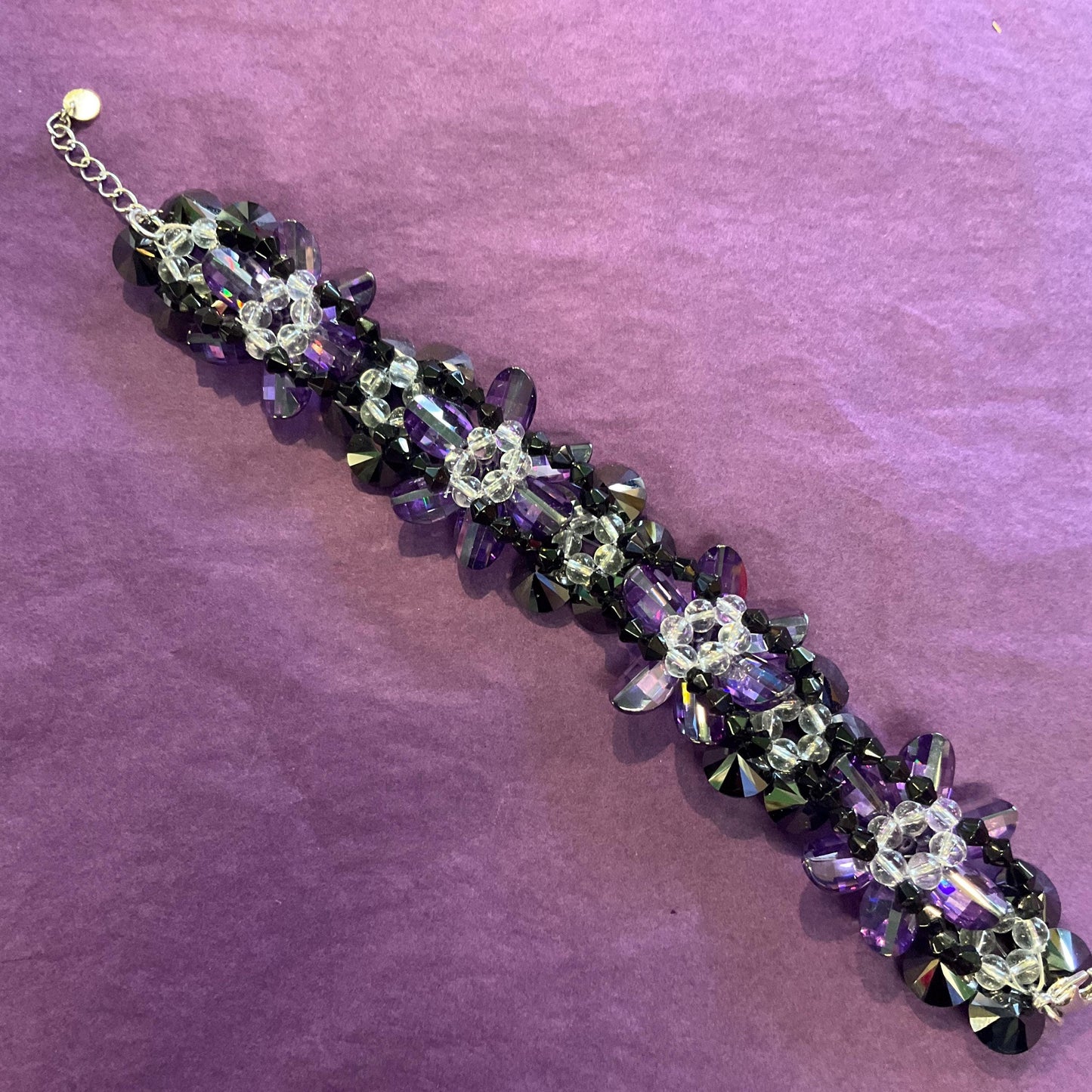 Vintage Butler And Wilson Purple And Black Crystal Flower Garland Statement Bracelet, Signed As New, Wedding, Formal Event