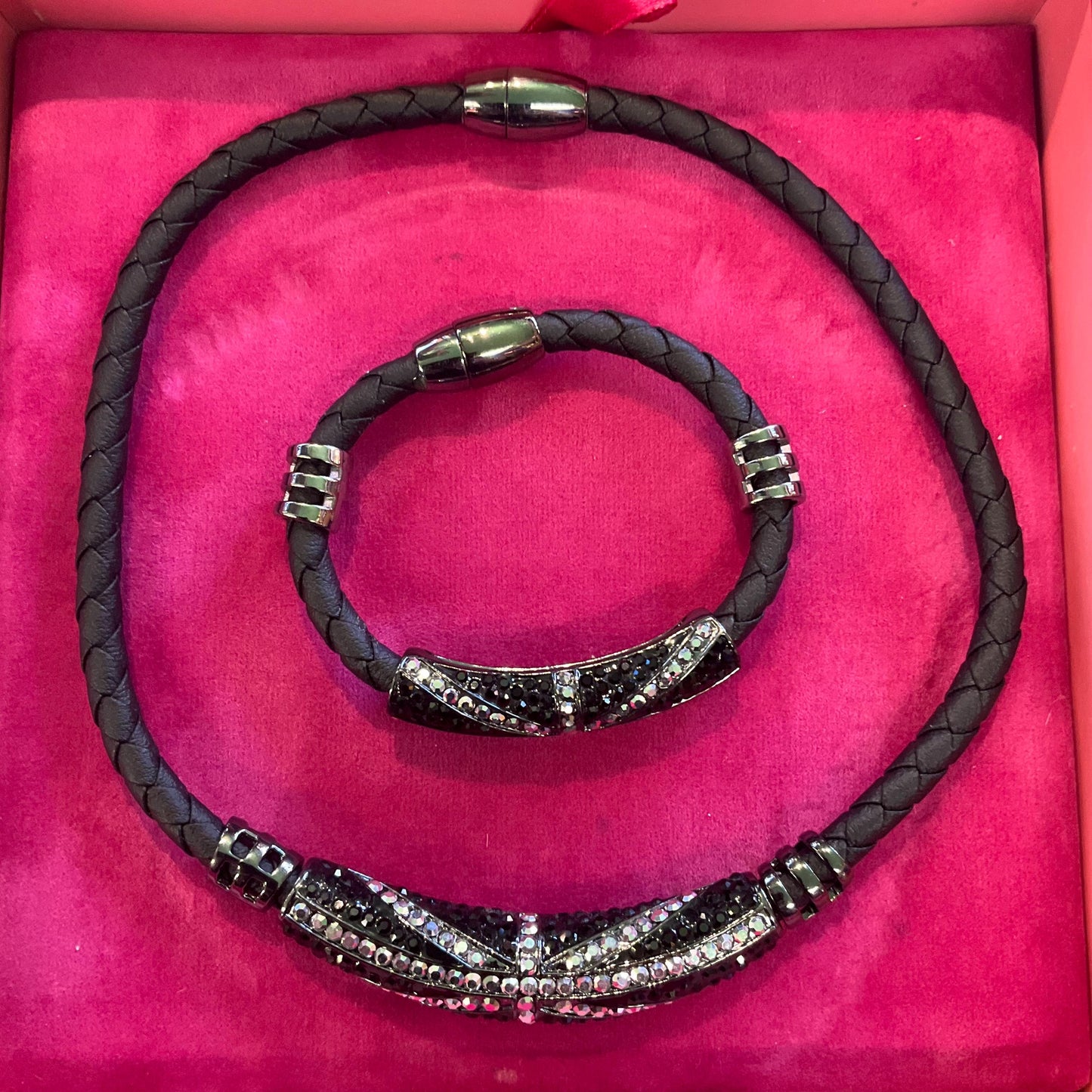 Vintage Butler And Wilson Black Leather Crystal Union Jack Necklace And Bracelet Set, Signed In Original Box