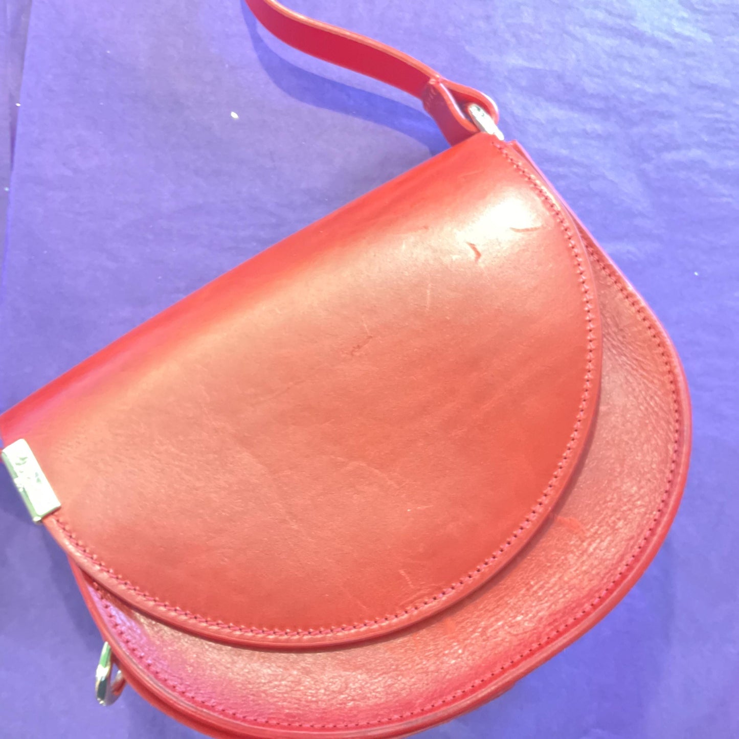 Vintage LEVI’S Italian Red Leather Saddlebag, Adjustable Shoulder Length Strap, Gold Tone